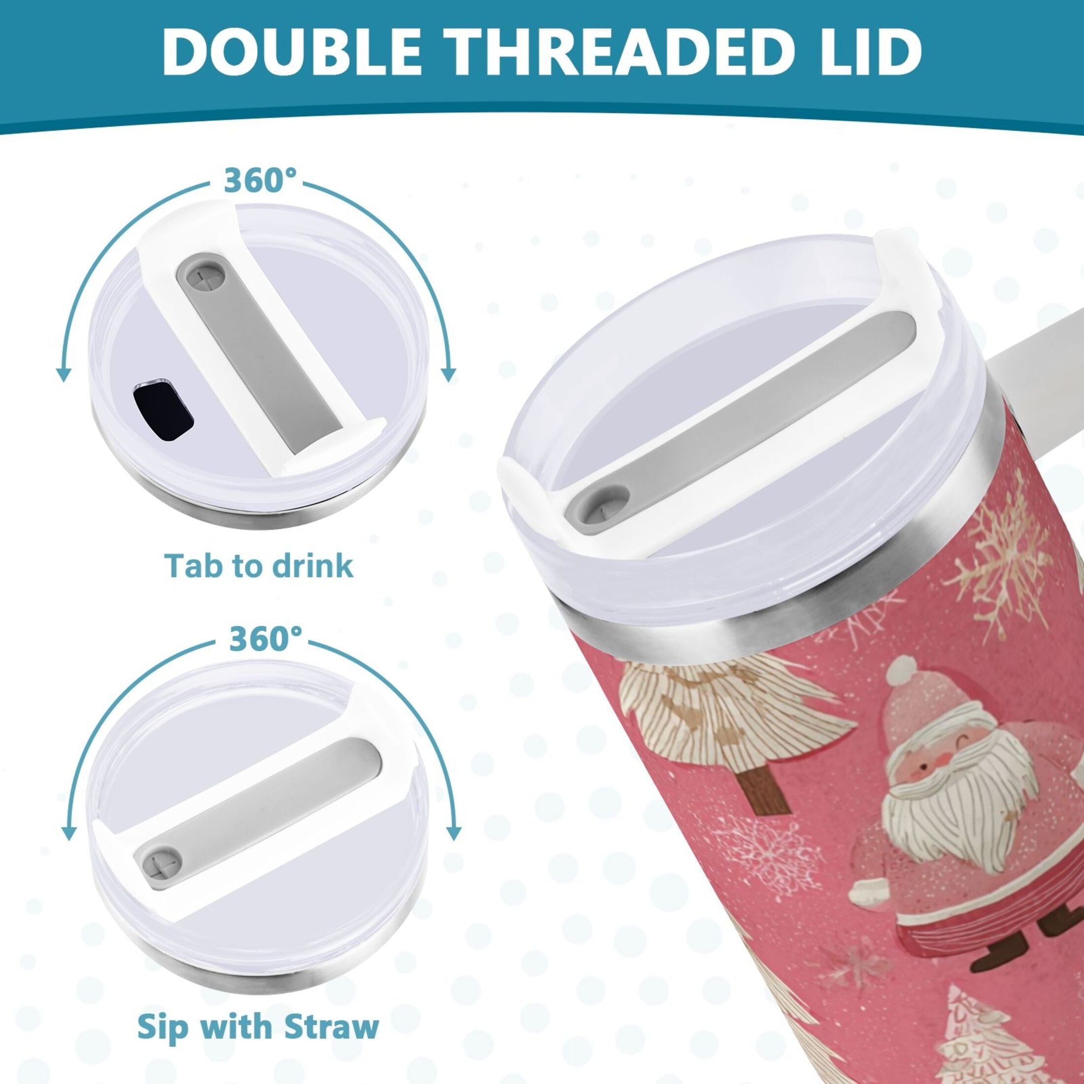 40 oz Insulated Stainless Steel Tumbler Double Wall Stainless Steel Tumbler with 2-Way Drinking Pink Santa Claus Pattern M527S