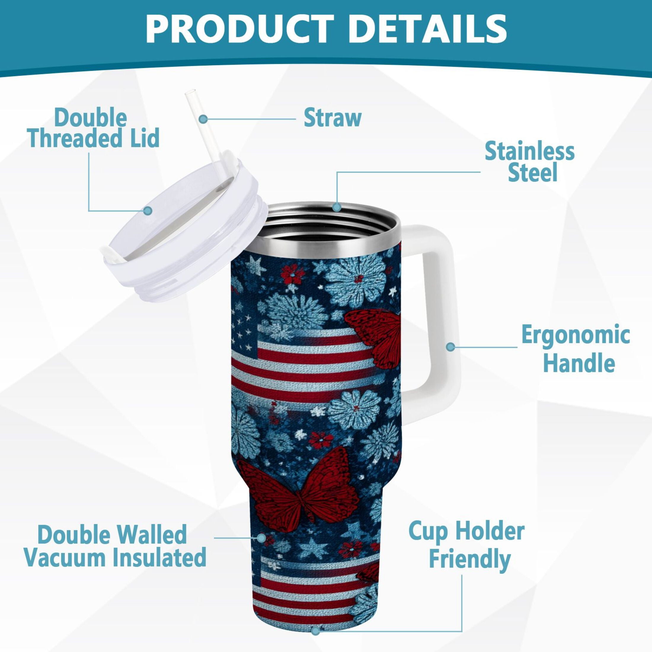 30 oz Insulated Stainless Steel Tumbler Double Wall Stainless Steel Tumbler with 2-Way Drinking Red Butterflies and Flags M621C