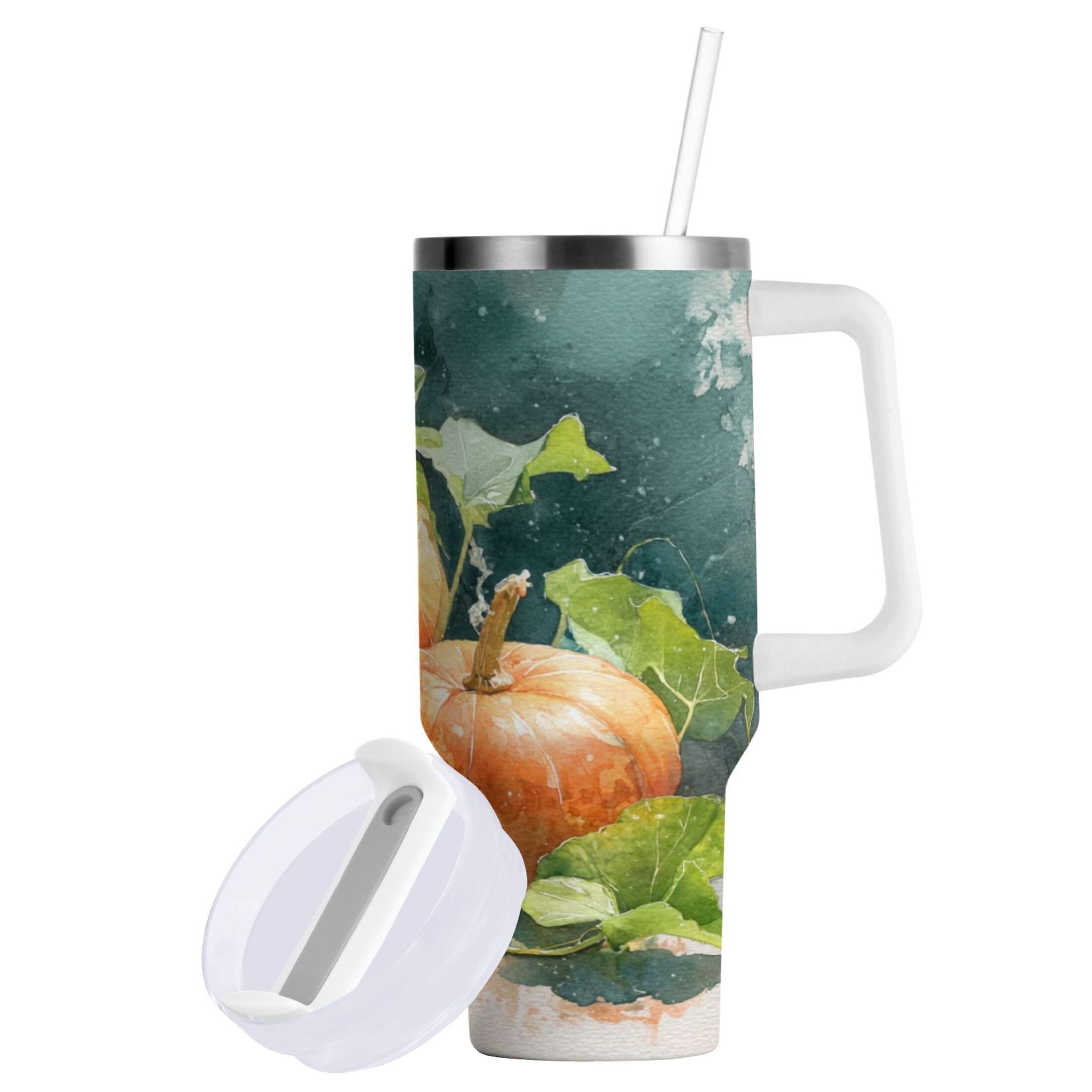 40 oz Insulated Stainless Steel Tumbler Double Wall Stainless Steel Tumbler with 2-Way Drinking Orange and White Pumpkins M535T