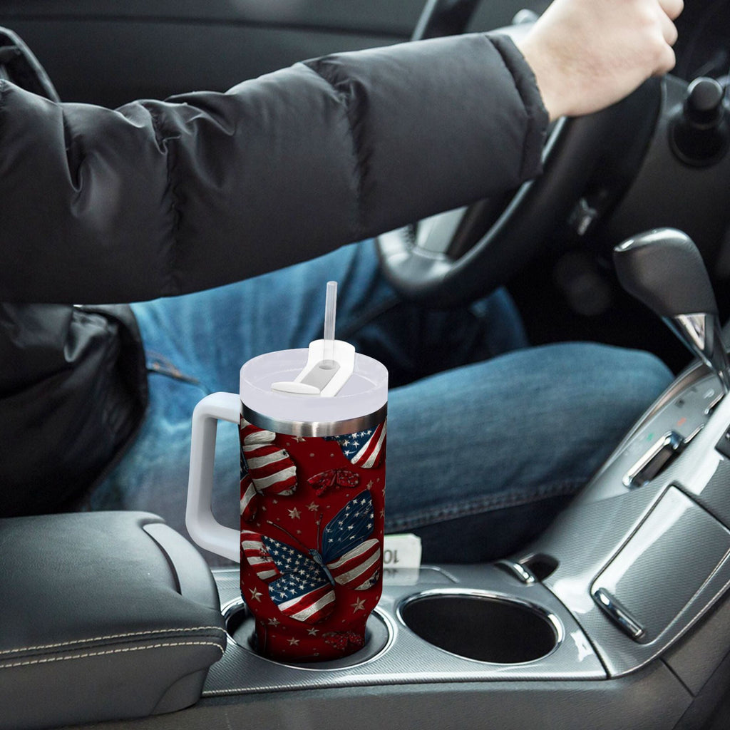 40 oz Insulated Stainless Steel Tumbler Double Wall Stainless Steel Tumbler with 2-Way Drinking Butterfly with National Flag M517Q