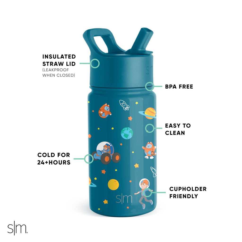 Simple Modern Blippi Kids Water Bottle with Straw Lid | Insulated Stainless Steel Reusable Tumbler for Toddlers, Girls | Summit Collection | 14oz, Blippi Space M689J