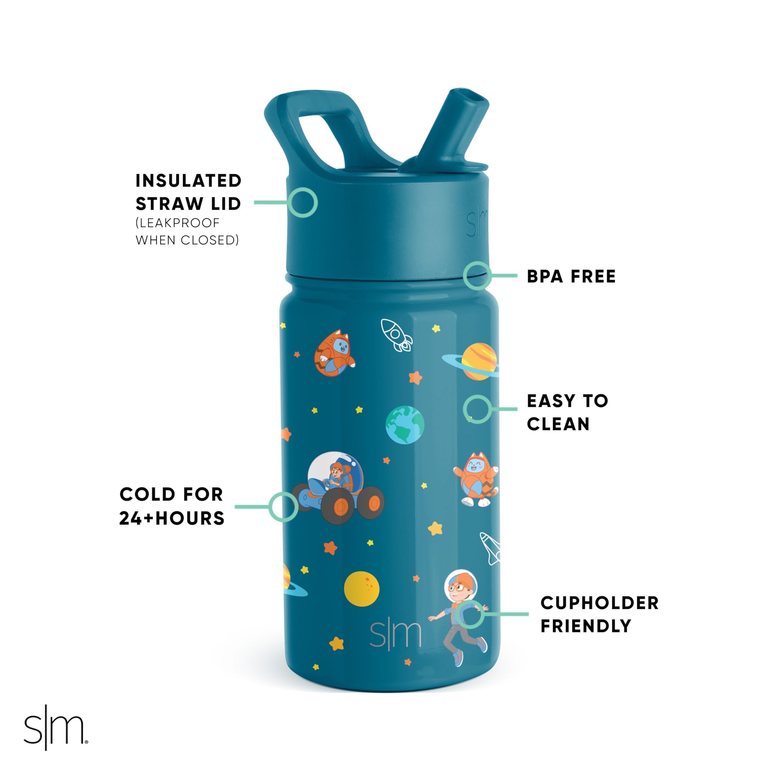 Simple Modern Blippi Kids Water Bottle with Straw Lid | Insulated Stainless Steel Reusable Tumbler for Toddlers, Girls | Summit Collection | 14oz, Blippi Space M689J