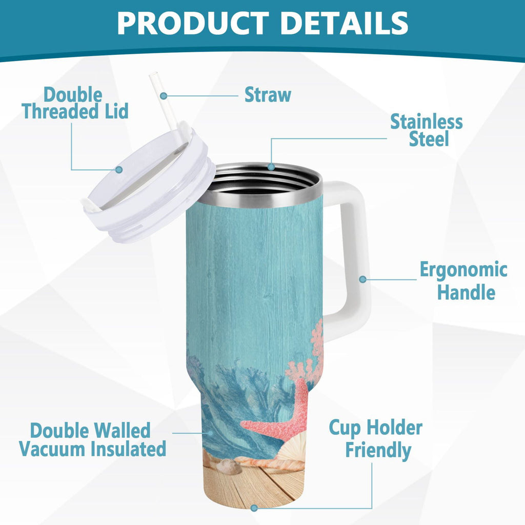 40 oz Insulated Stainless Steel Tumbler Double Wall Stainless Steel Tumbler with 2-Way Drinking Colorful Starfish and Seashells M636F