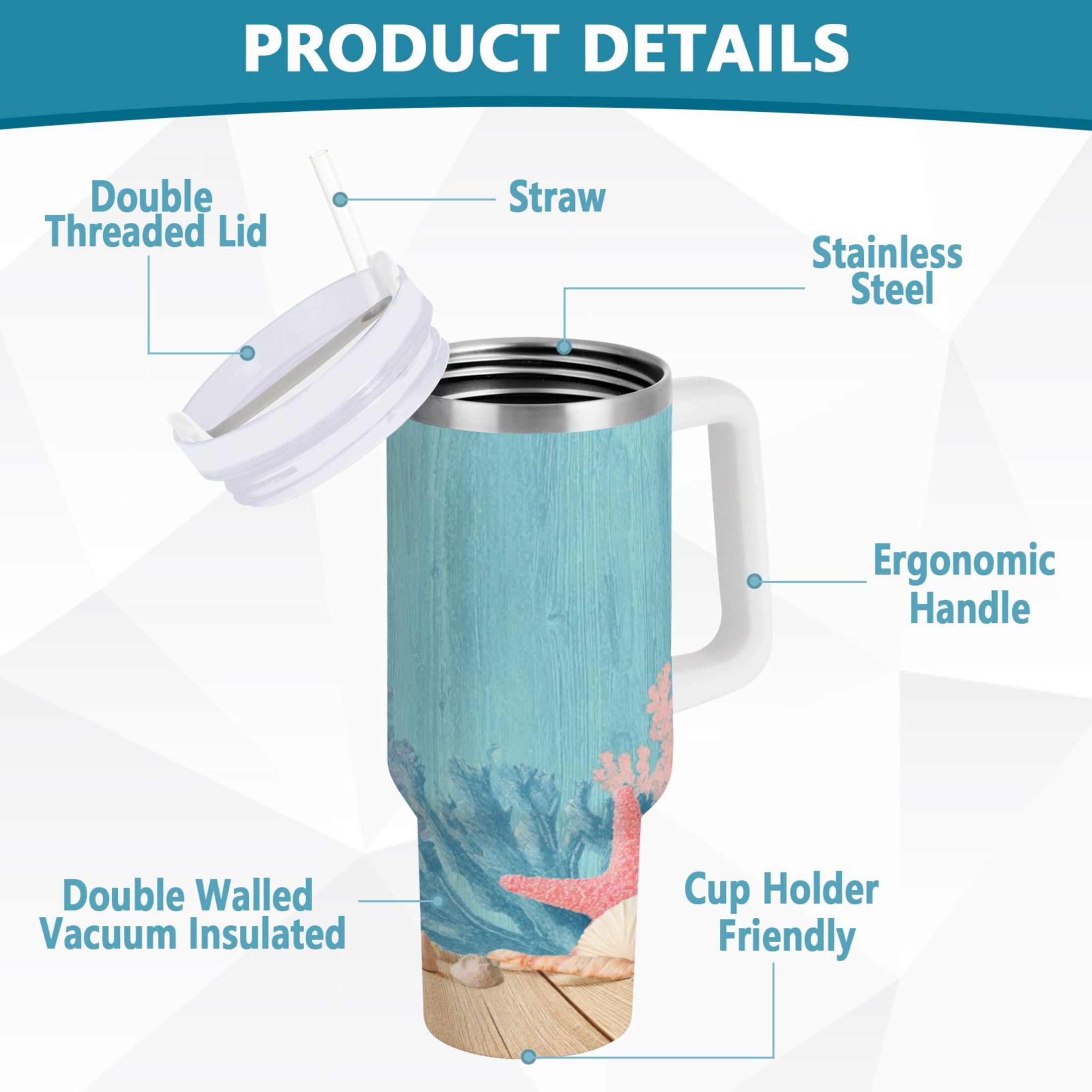40 oz Insulated Stainless Steel Tumbler Double Wall Stainless Steel Tumbler with 2-Way Drinking Colorful Starfish and Seashells M636F