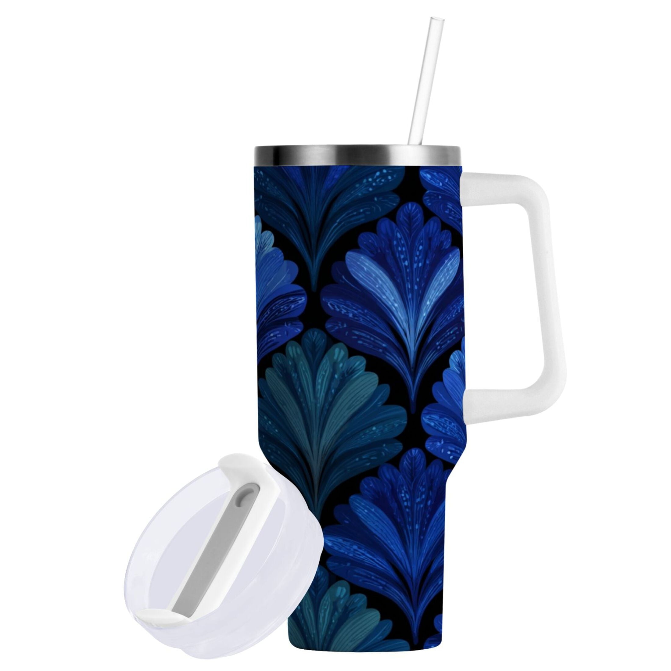 30 oz Insulated Stainless Steel Tumbler Double Wall Stainless Steel Tumbler with 2-Way Drinking Blue Batik Leaves Pattern M525M