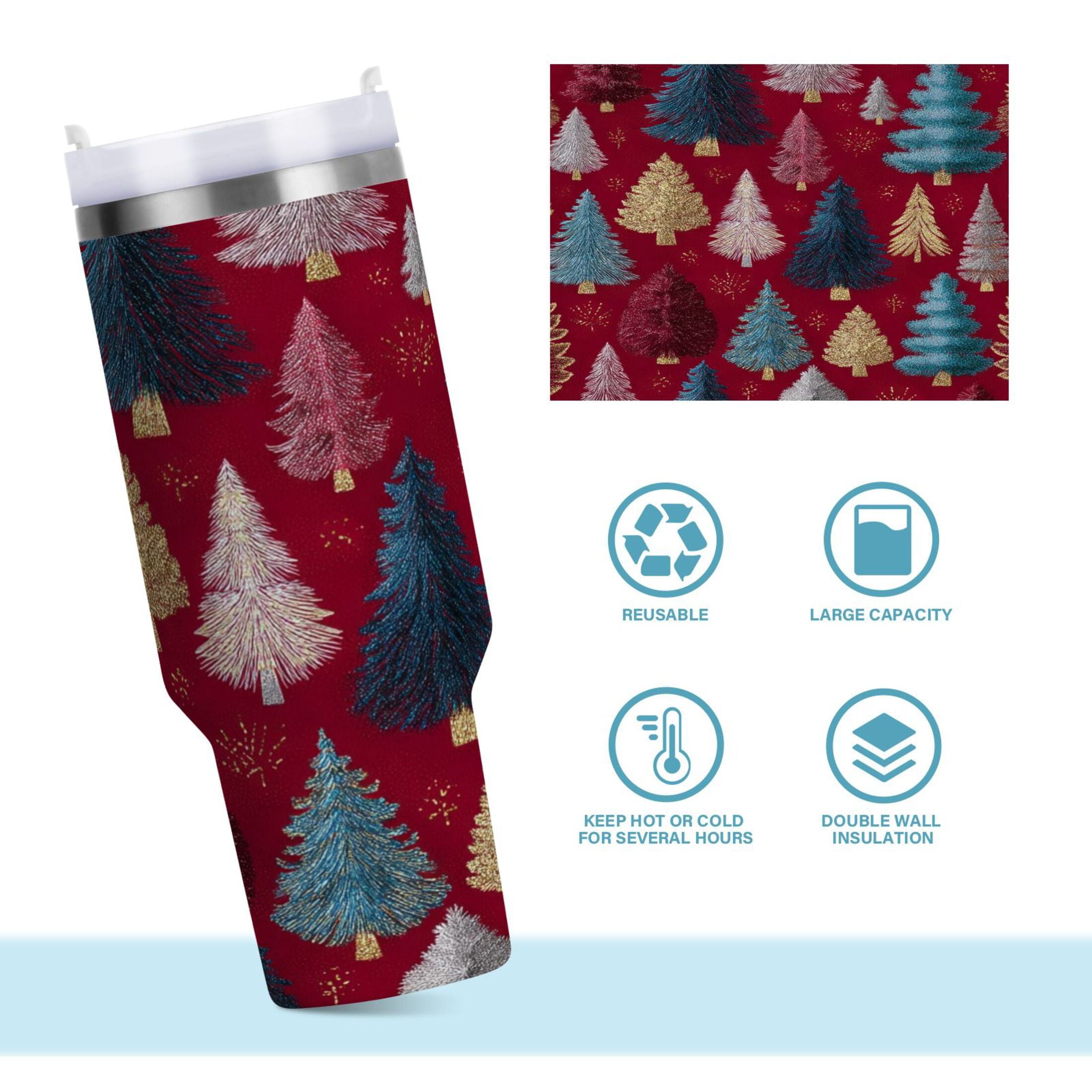30 oz Insulated Stainless Steel Tumbler Double Wall Stainless Steel Tumbler with 2-Way Drinking Stylized Christmas Trees M644N