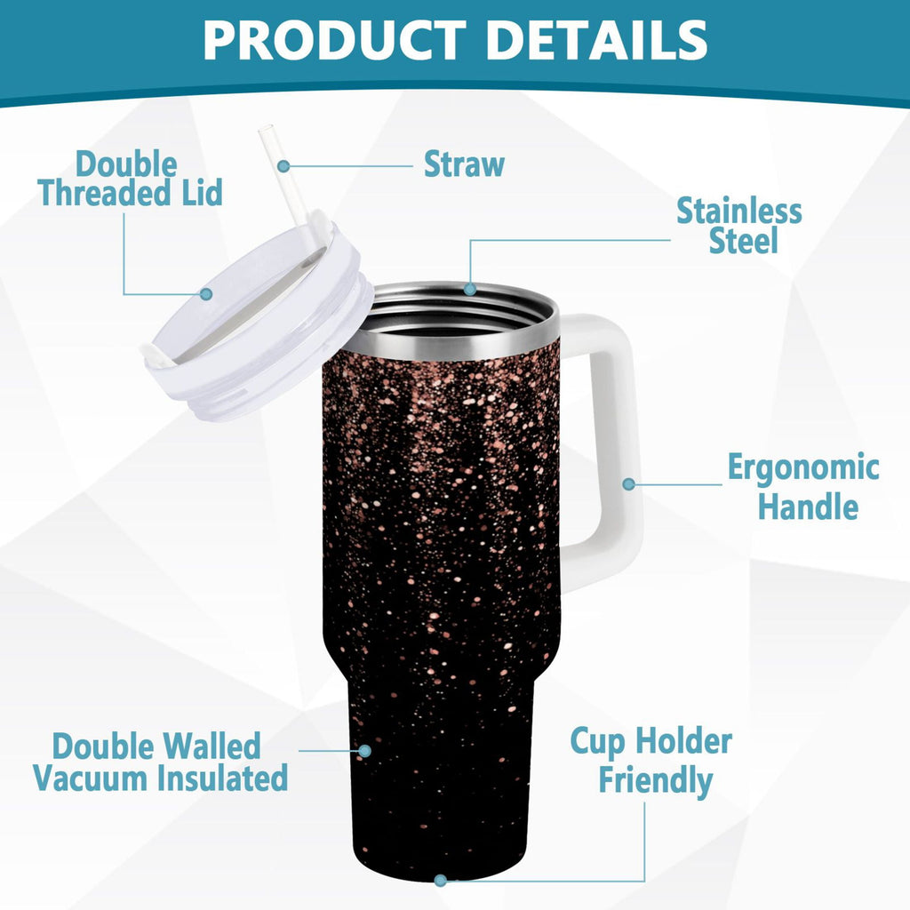 40 oz Insulated Stainless Steel Tumbler Double Wall Stainless Steel Tumbler with 2-Way Drinking Rose Gold Glitter M589E