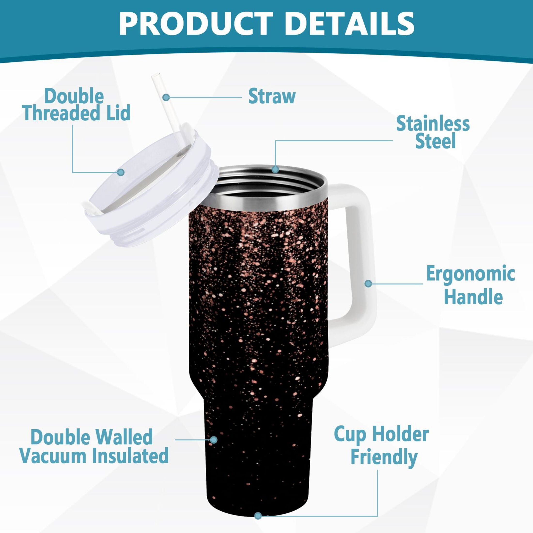 40 oz Insulated Stainless Steel Tumbler Double Wall Stainless Steel Tumbler with 2-Way Drinking Rose Gold Glitter M589E