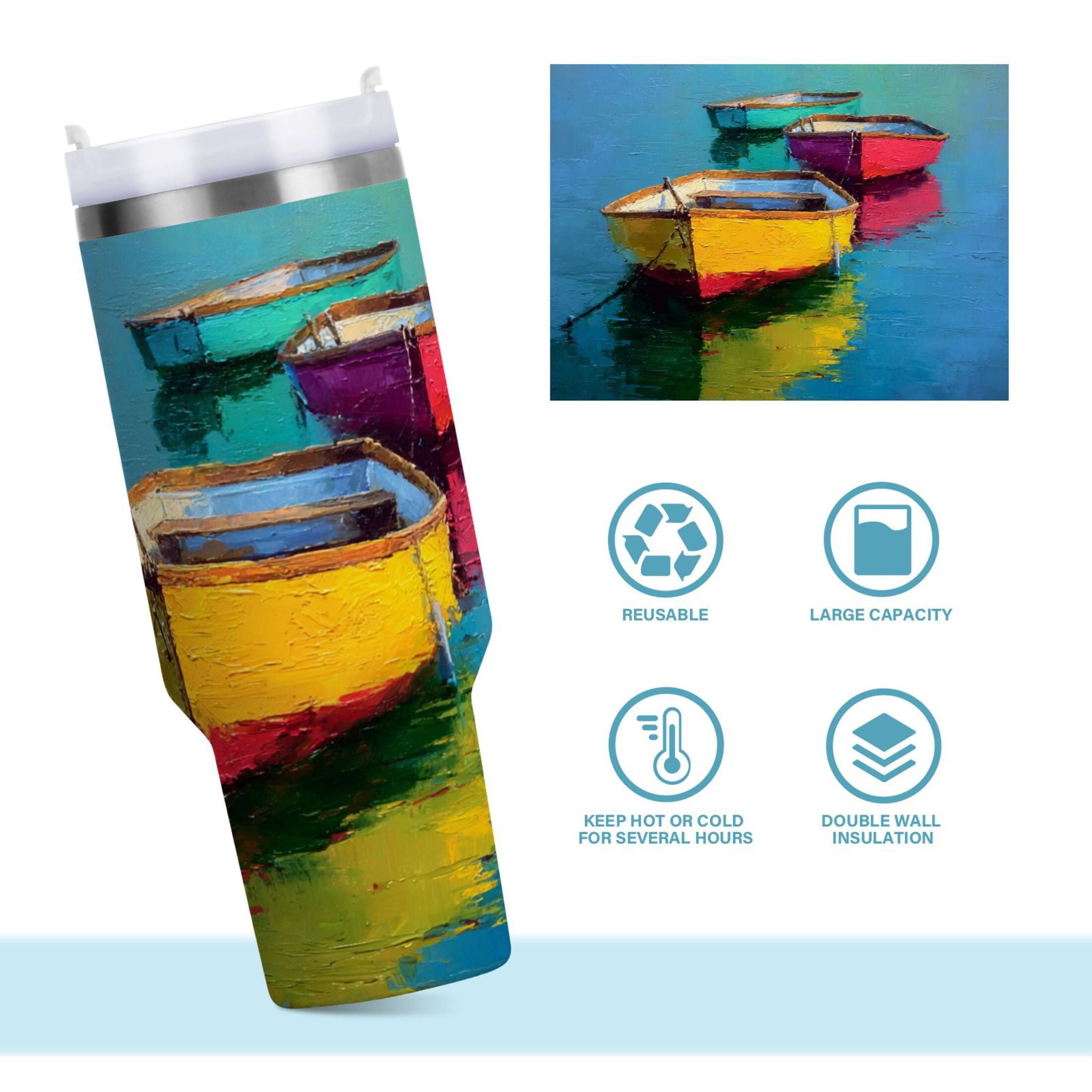 30 oz Insulated Stainless Steel Tumbler Double Wall Stainless Steel Tumbler with 2-Way Drinking Colorful Row Boats M555V