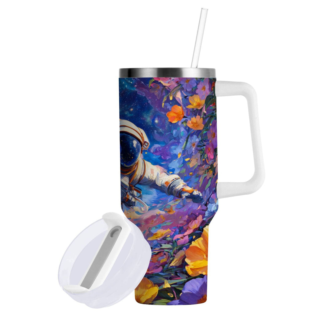 40 oz Insulated Stainless Steel Tumbler Double Wall Stainless Steel Tumbler with 2-Way Drinking Astronaut and Colorful Flowers M562S