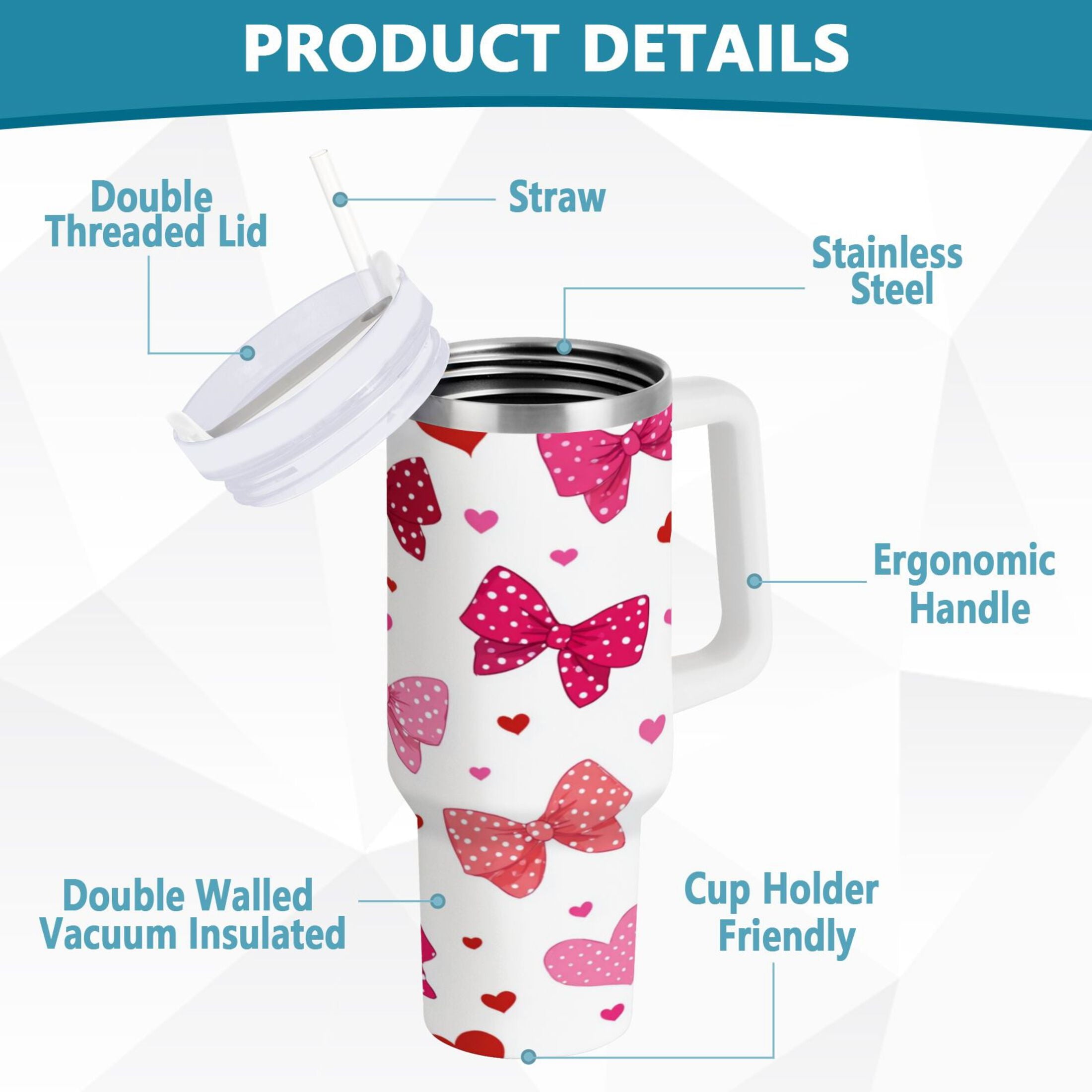 30 oz Insulated Stainless Steel Tumbler Double Wall Stainless Steel Tumbler with 2-Way Drinking Red and Pink Bows M595T