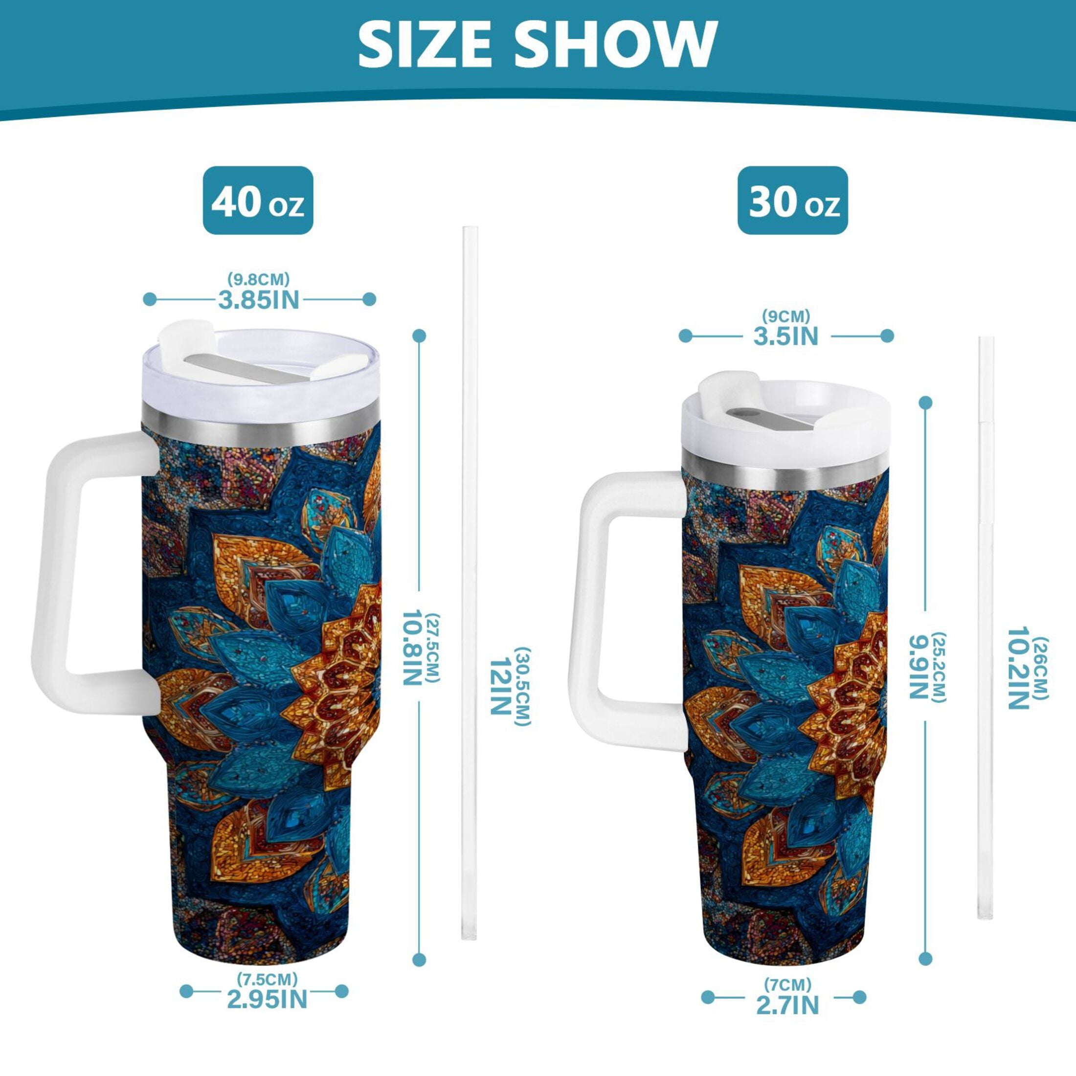 40 oz Insulated Stainless Steel Tumbler Double Wall Stainless Steel Tumbler with 2-Way Drinking Intricate Geometric Shapes M518S