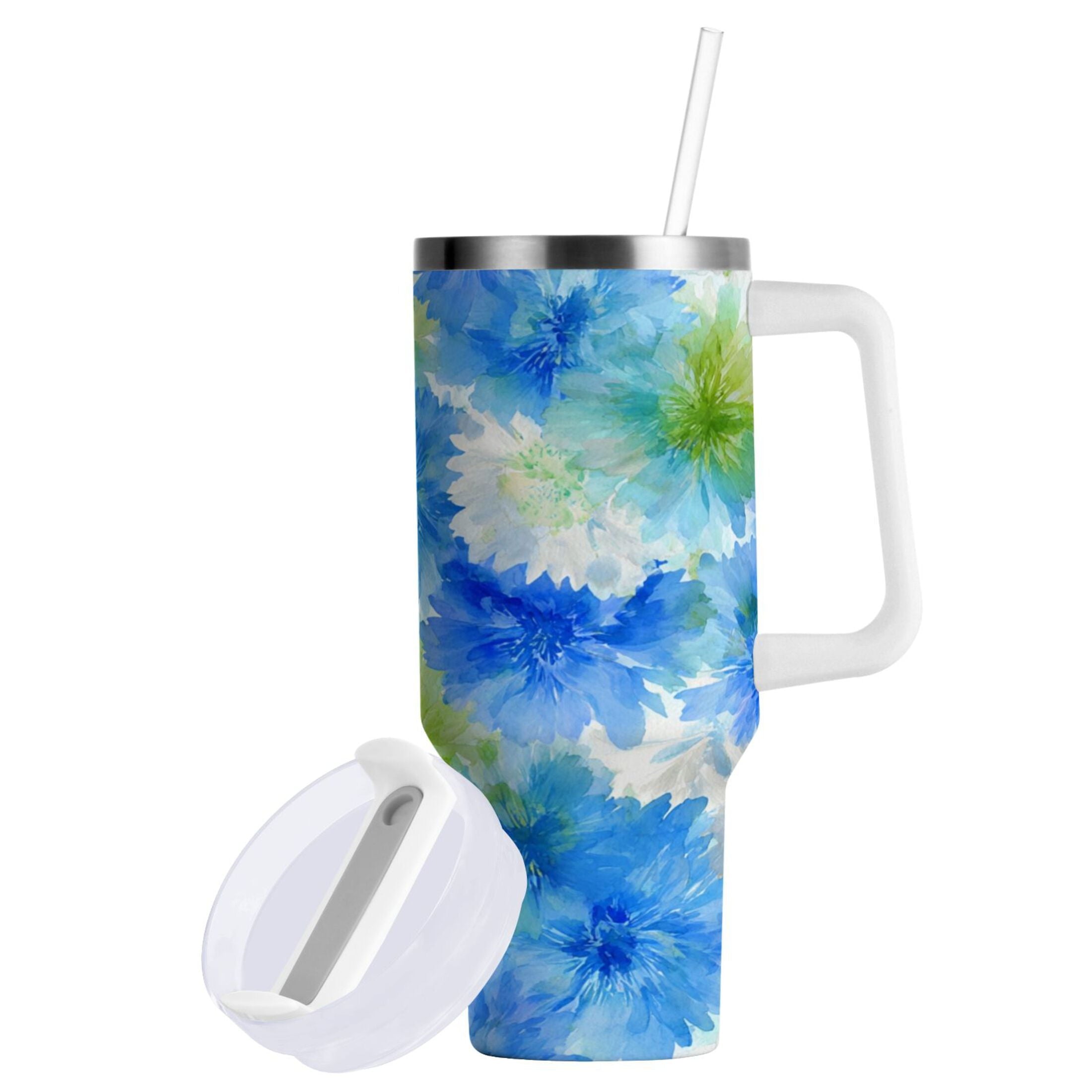 40 oz Insulated Stainless Steel Tumbler Double Wall Stainless Steel Tumbler with 2-Way Drinking Watercolor Blue Cornflowers M567K