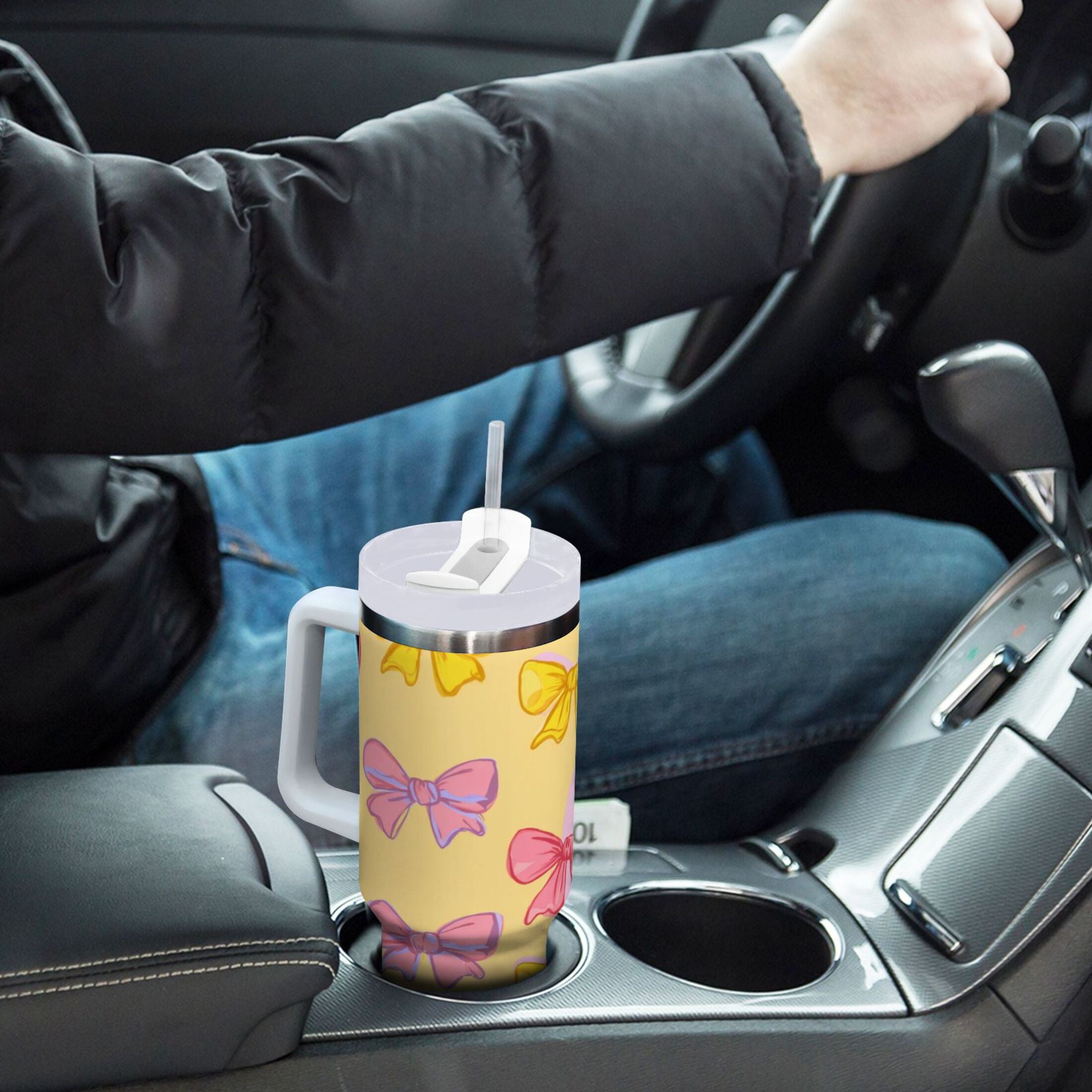 30 oz Insulated Stainless Steel Tumbler Double Wall Stainless Steel Tumbler with 2-Way Drinking Yellow and Pink Bows M566X