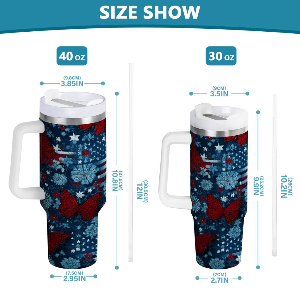 30 oz Insulated Stainless Steel Tumbler Double Wall Stainless Steel Tumbler with 2-Way Drinking Red Butterflies and Flags M621C
