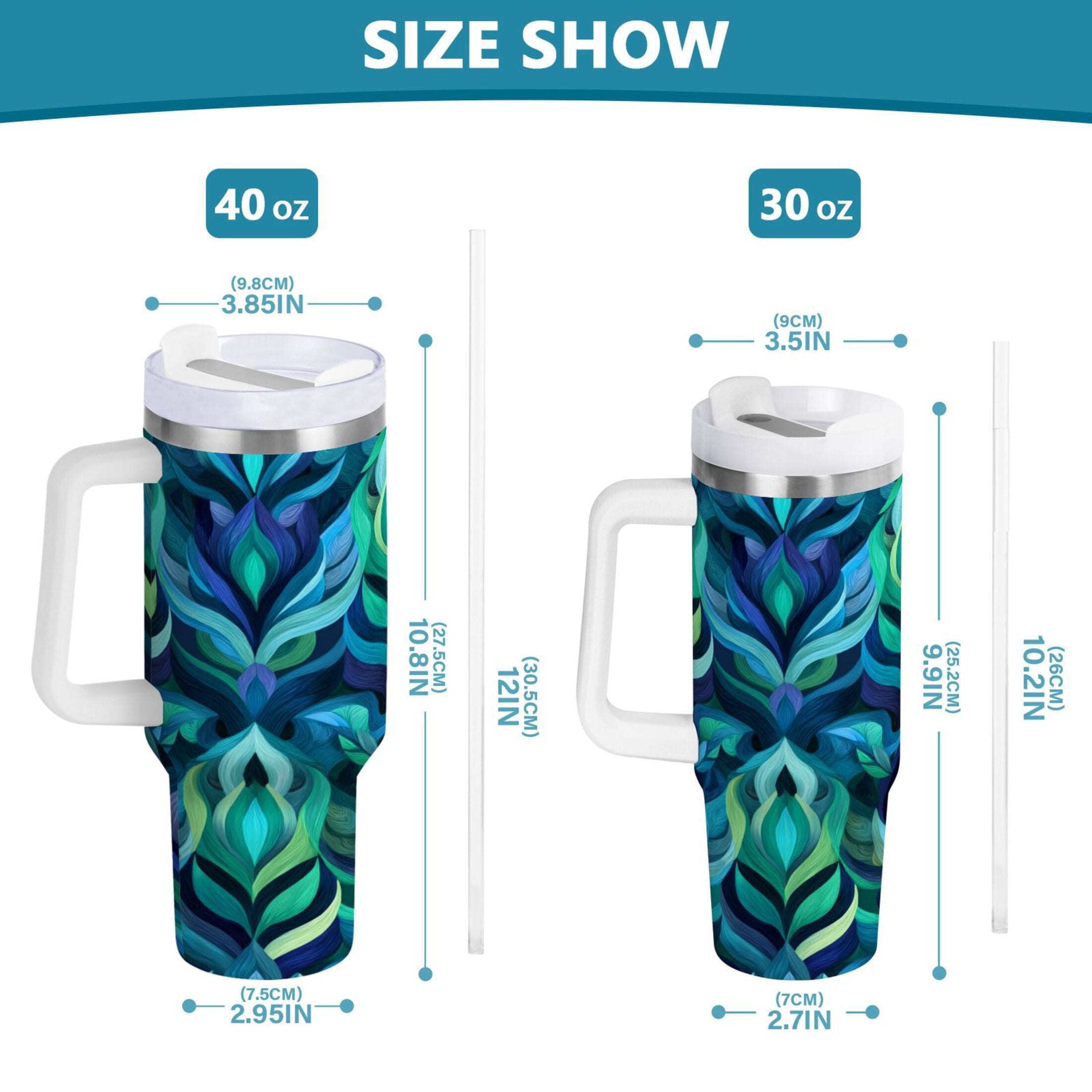 40 oz Insulated Stainless Steel Tumbler Double Wall Stainless Steel Tumbler with 2-Way Drinking Elegant Blue Abstract Shapes M609Q