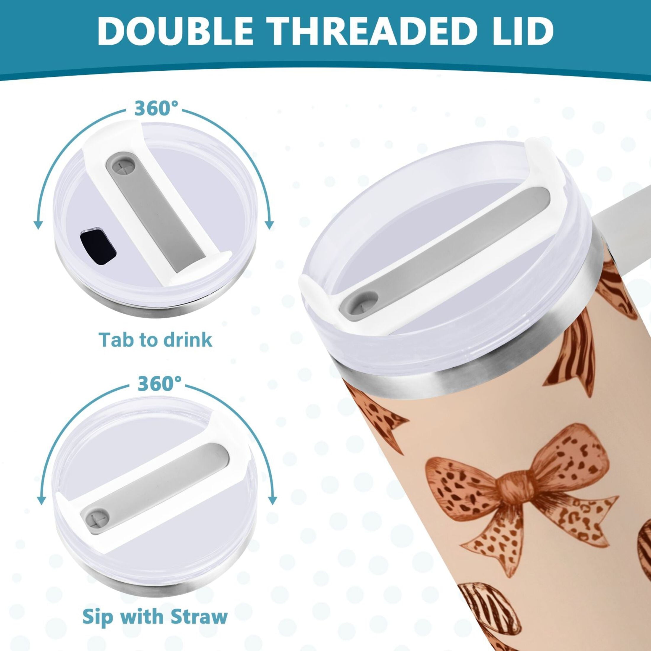 40 oz Insulated Stainless Steel Tumbler Double Wall Stainless Steel Tumbler with 2-Way Drinking Leopard Print Bow M550A