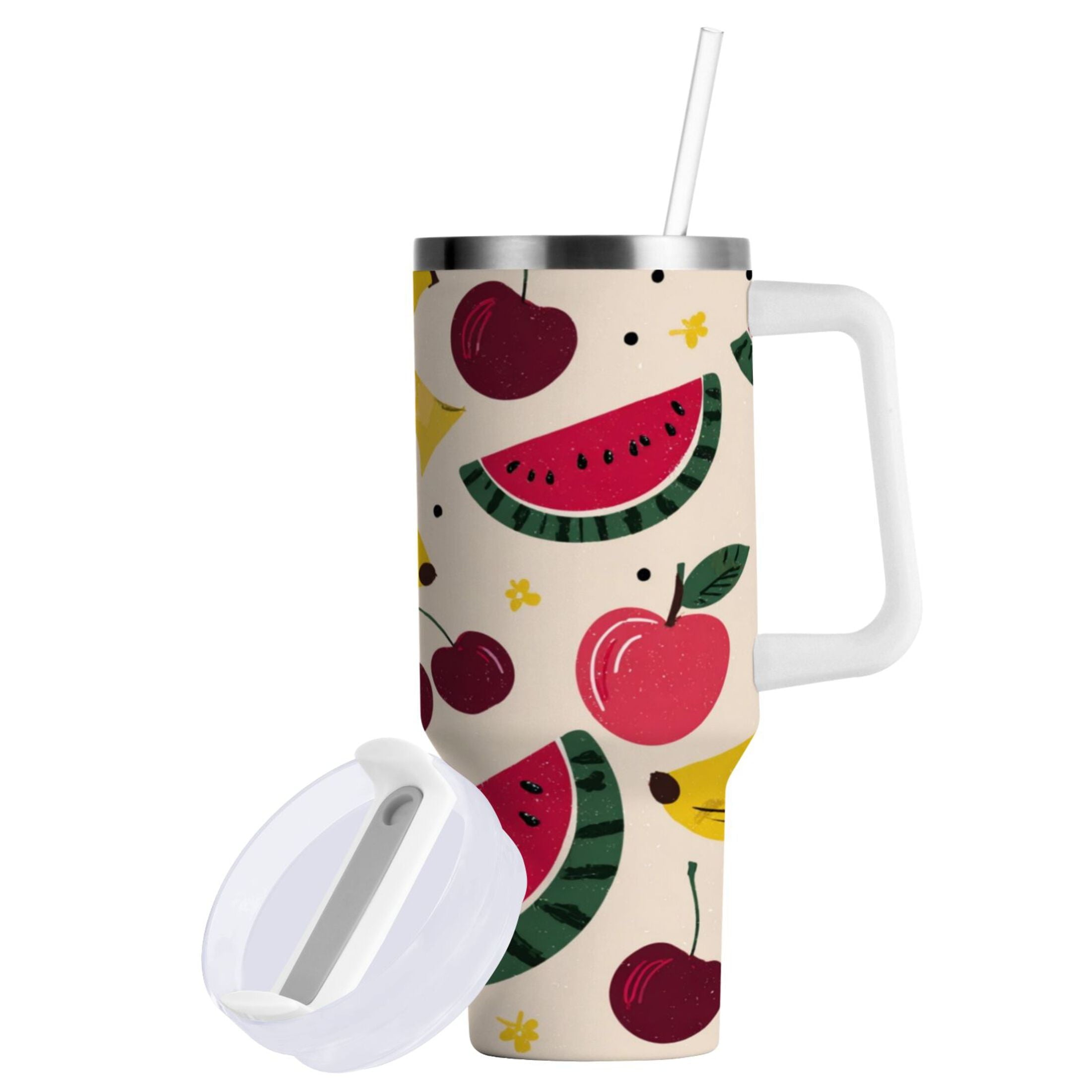 30 oz Insulated Stainless Steel Tumbler Double Wall Stainless Steel Tumbler with 2-Way Drinking Watermelon and Cherries M579R