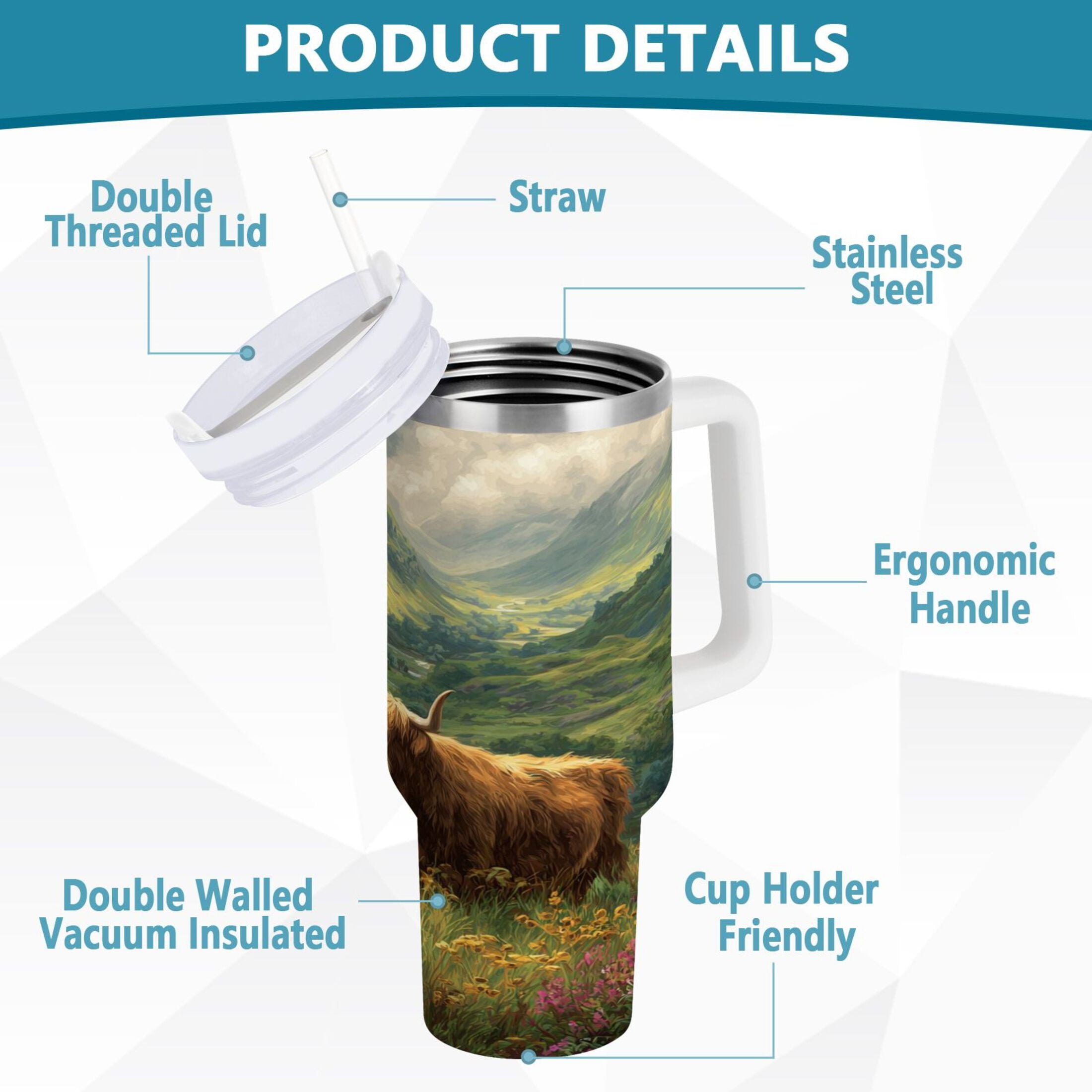 30 oz Insulated Stainless Steel Tumbler Double Wall Stainless Steel Tumbler with 2-Way Drinking Cow in Green Rolling Hills M586Q
