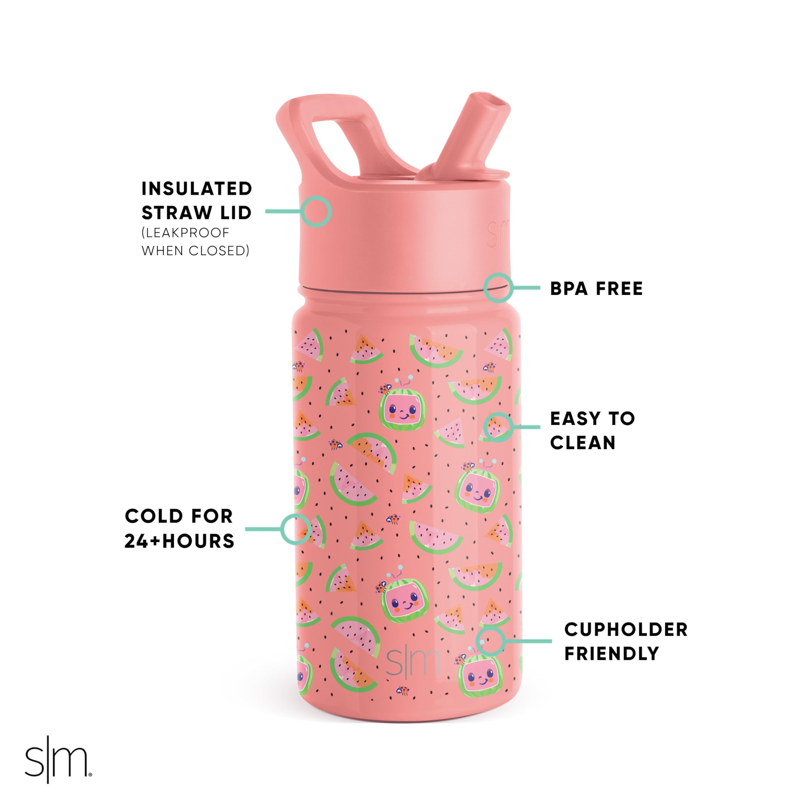 Simple Modern CoComelon Kids Water Bottle with Straw Lid | Insulated Stainless Steel Reusable Tumbler for Toddlers, Girls | Summit Collection | 14oz, CoComelon Pink Melon M688W