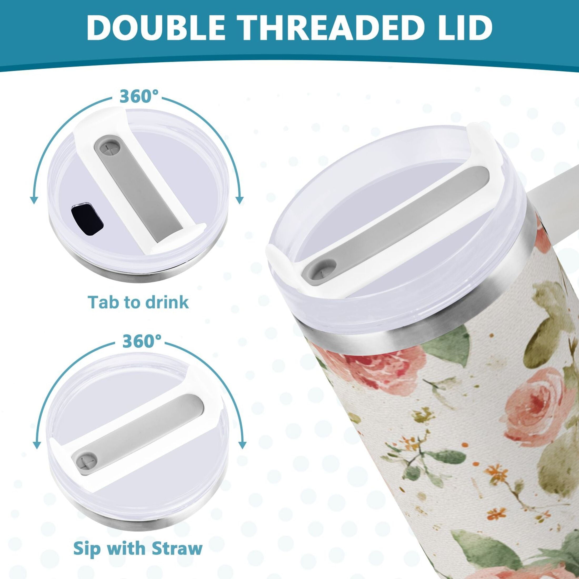 40 oz Insulated Stainless Steel Tumbler Double Wall Stainless Steel Tumbler with 2-Way Drinking Watercolor Rose Floral Pattern M499R