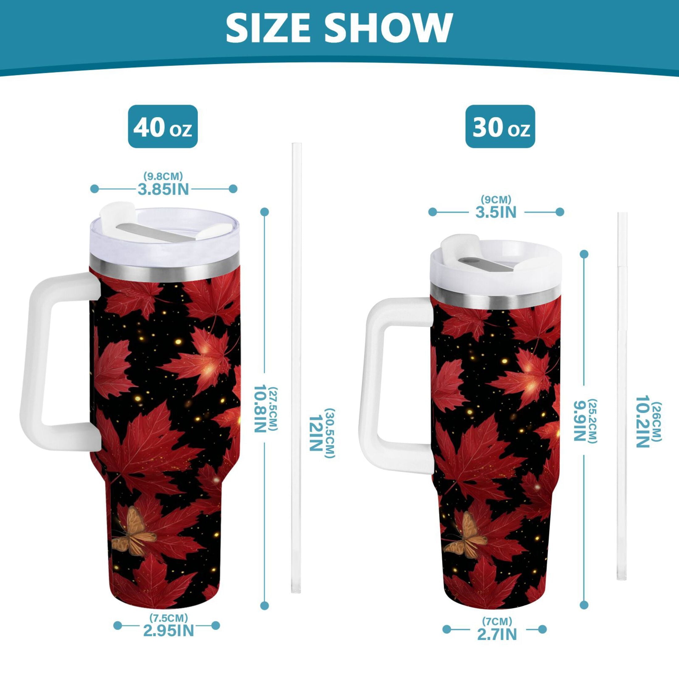 40 oz Insulated Stainless Steel Tumbler Double Wall Stainless Steel Tumbler with 2-Way Drinking Maple Leaves and Fireflies M516E