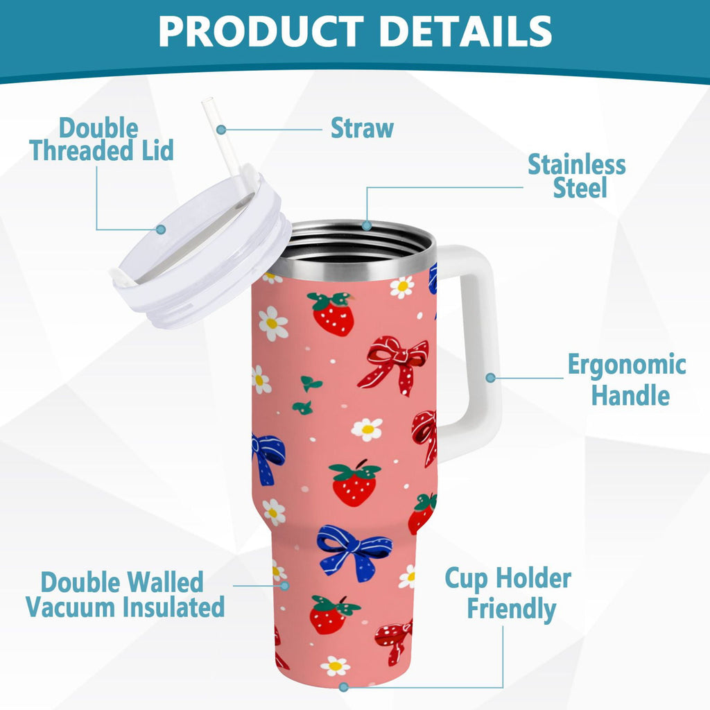 40 oz Insulated Stainless Steel Tumbler Double Wall Stainless Steel Tumbler with 2-Way Drinking Bows and Strawberries Pattern M511S