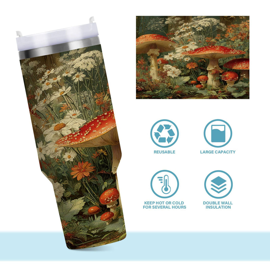 40 oz Insulated Stainless Steel Tumbler Double Wall Stainless Steel Tumbler with 2-Way Drinking Red Mushrooms M505Z