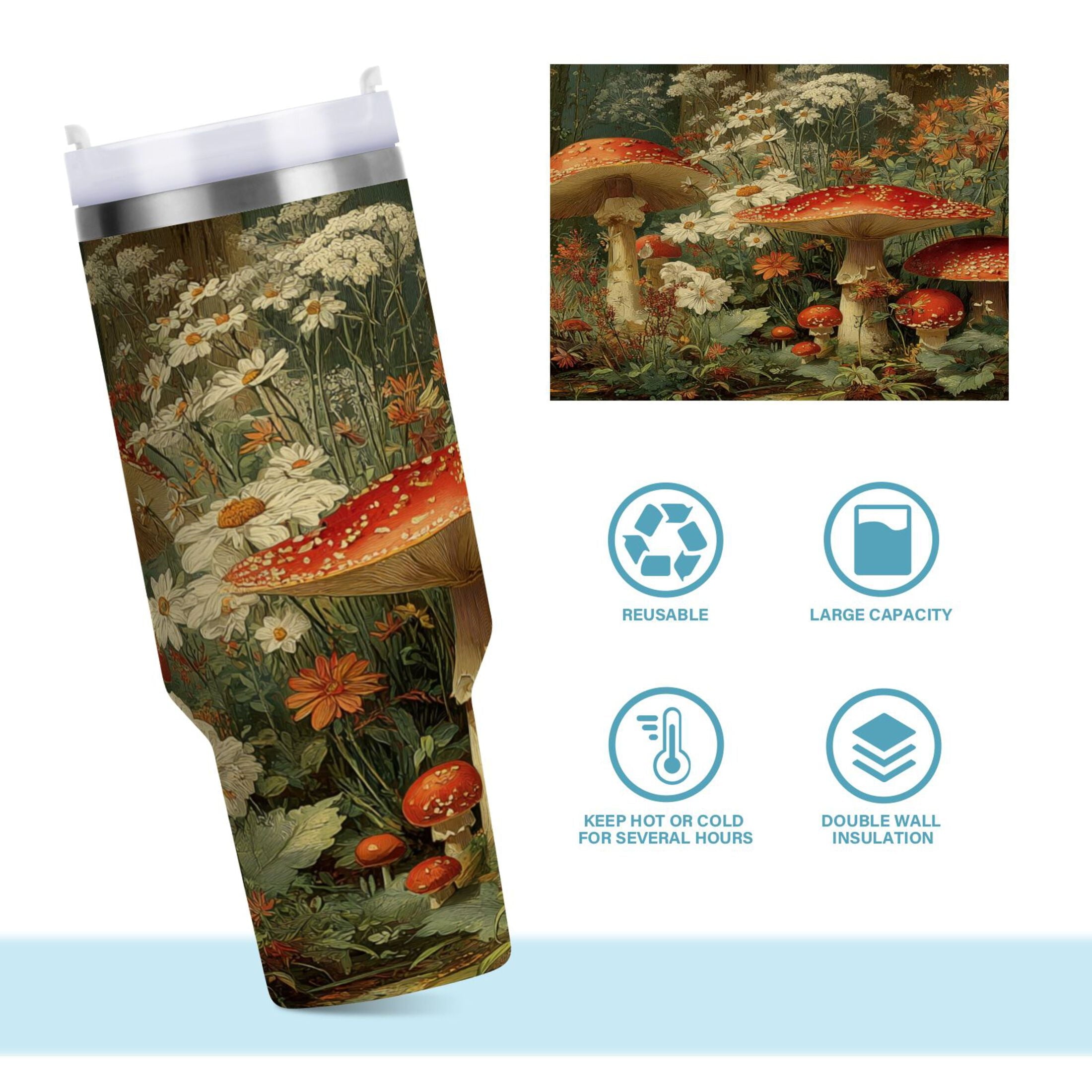 40 oz Insulated Stainless Steel Tumbler Double Wall Stainless Steel Tumbler with 2-Way Drinking Red Mushrooms M505Z