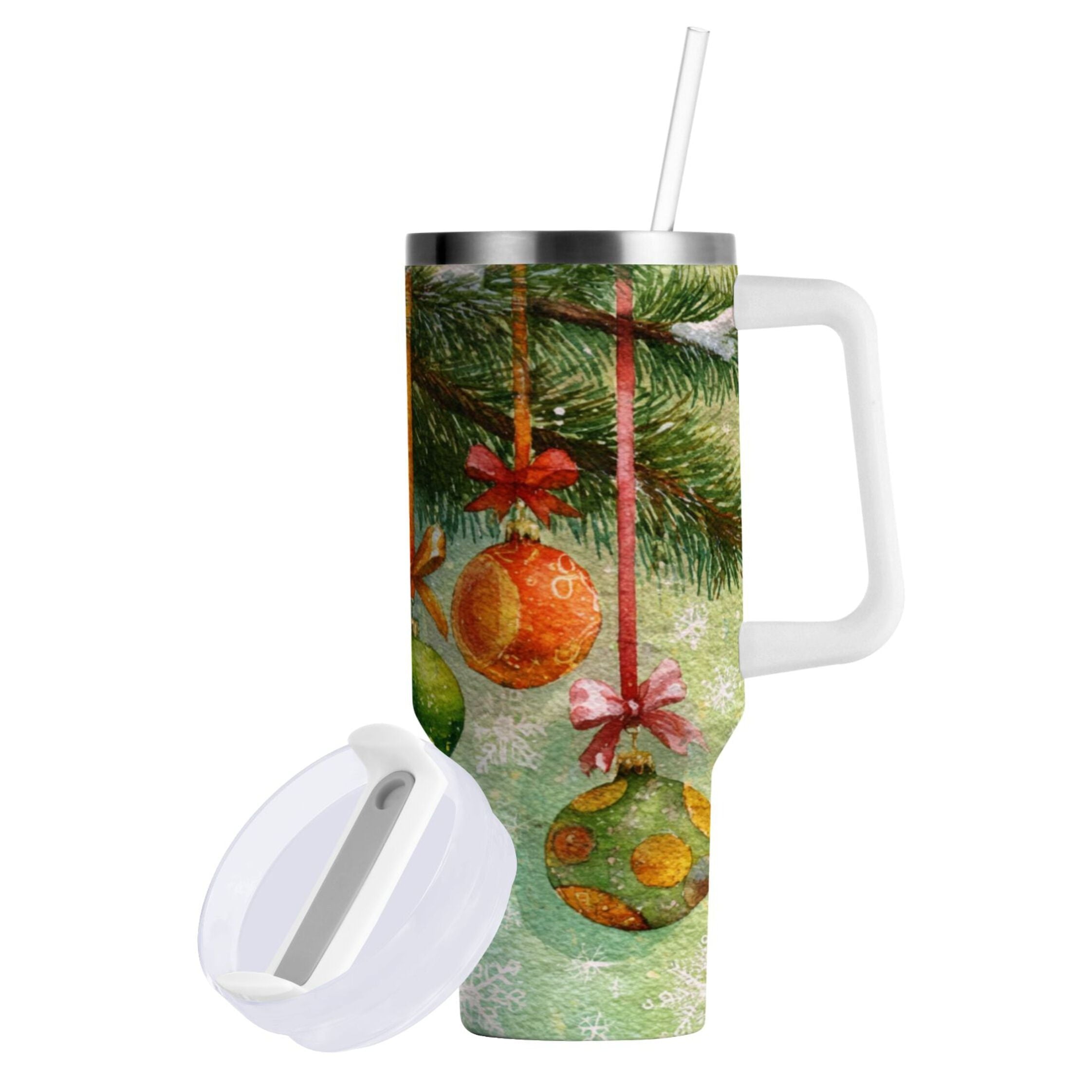 30 oz Insulated Stainless Steel Tumbler Double Wall Stainless Steel Tumbler with 2-Way Drinking Christmas Ornaments Watercolor Painting M639D