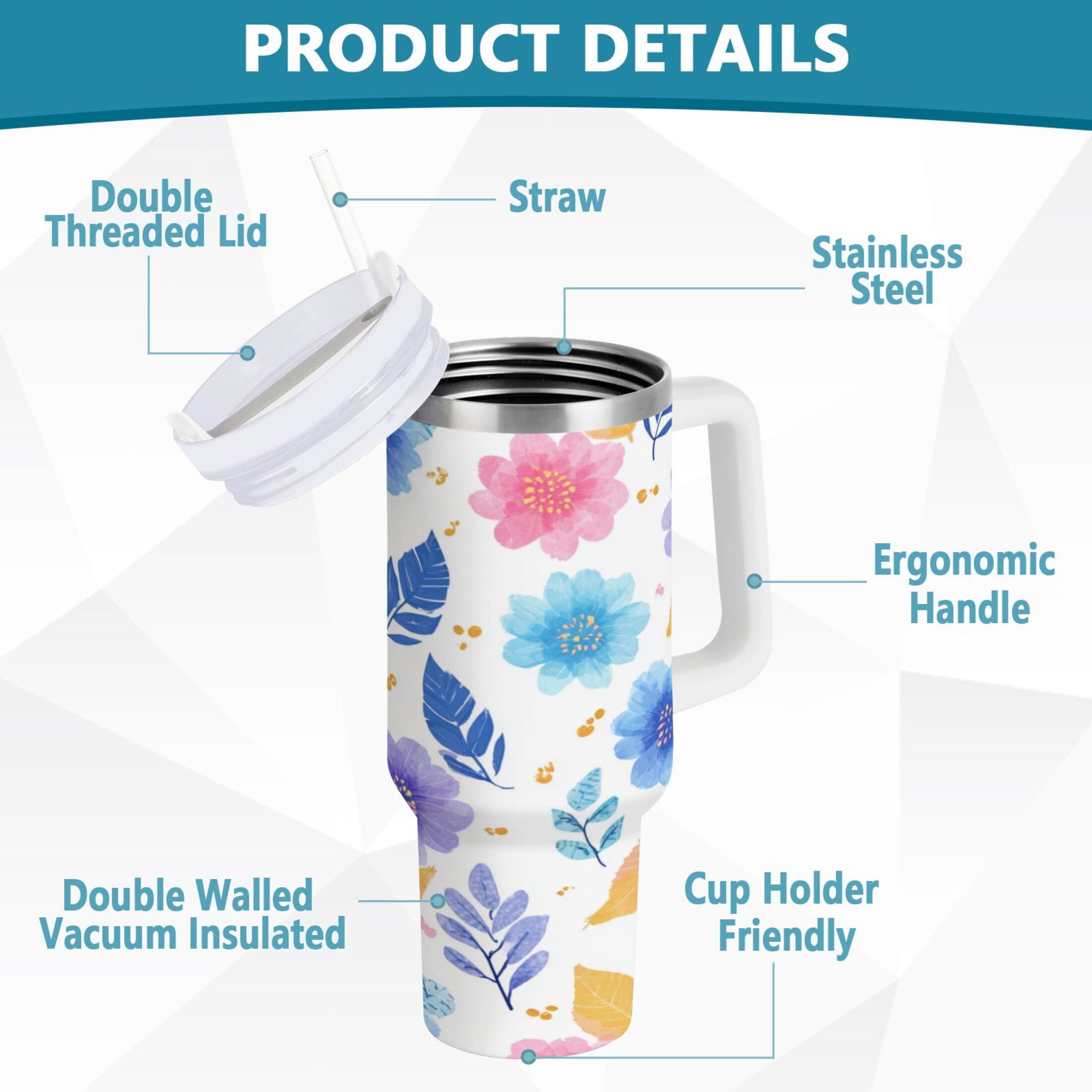 30 oz Insulated Stainless Steel Tumbler Double Wall Stainless Steel Tumbler with 2-Way Drinking Blue and Purple Flowers M522K
