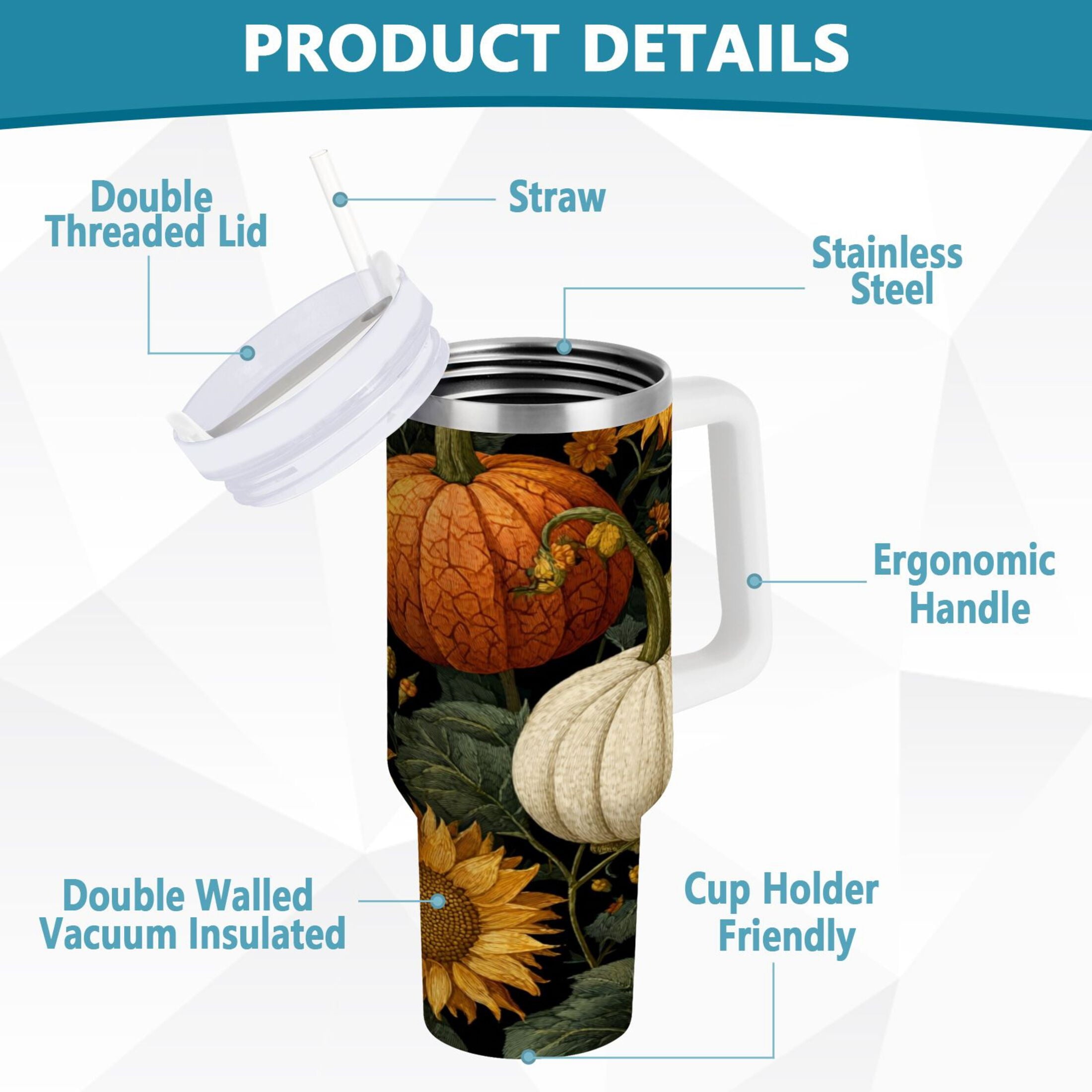 40 oz Insulated Stainless Steel Tumbler Double Wall Stainless Steel Tumbler with 2-Way Drinking Pumpkins and Sunflowers Pattern M560Y