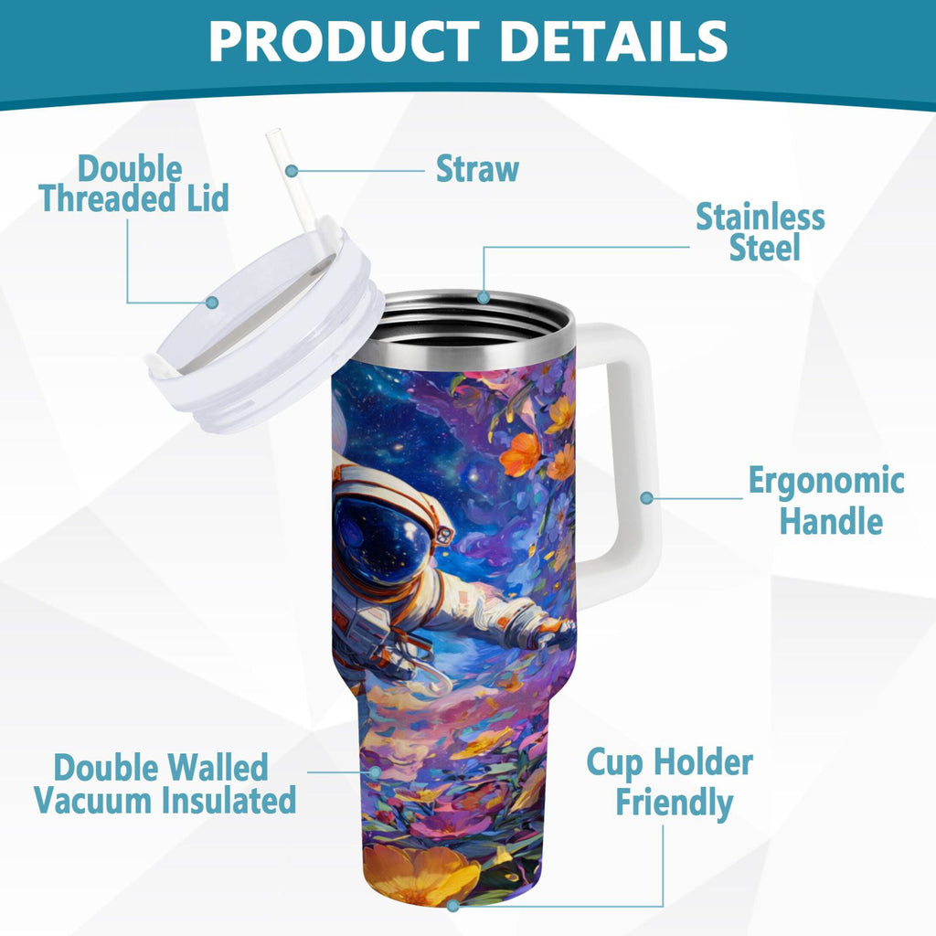 40 oz Insulated Stainless Steel Tumbler Double Wall Stainless Steel Tumbler with 2-Way Drinking Astronaut and Colorful Flowers M562S