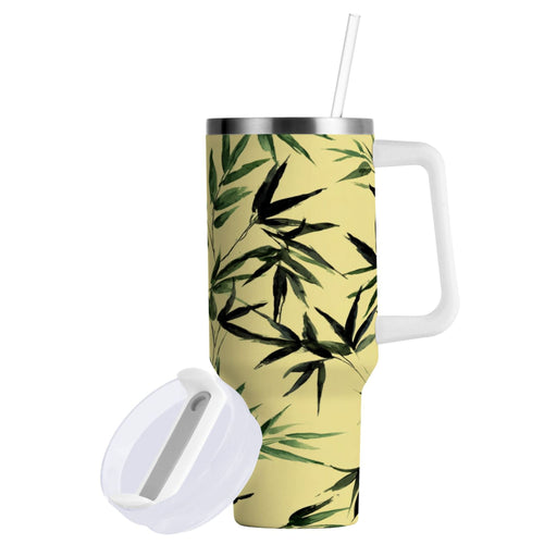 30 oz Insulated Stainless Steel Tumbler Double Wall Stainless Steel Tumbler with 2-Way Drinking Bamboo and Green Leaves M633V