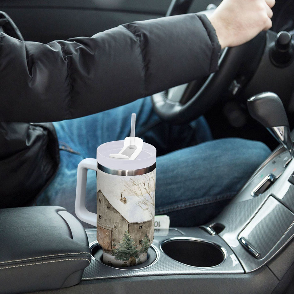 40 oz Insulated Stainless Steel Tumbler Double Wall Stainless Steel Tumbler with 2-Way Drinking Farm Snow Scene M645P
