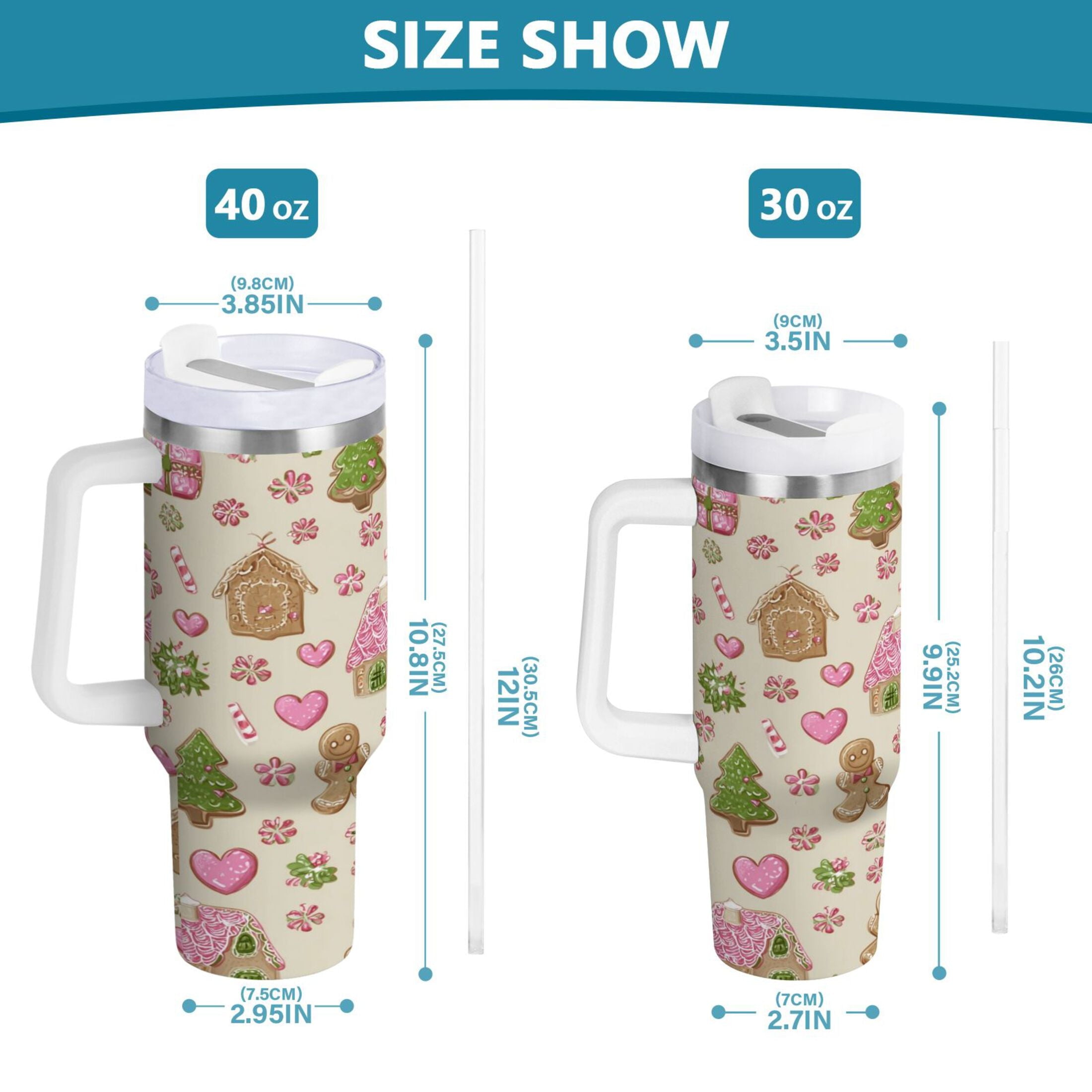 40 oz Insulated Stainless Steel Tumbler Double Wall Stainless Steel Tumbler with 2-Way Drinking Pink Cute Christmas Pattern M564A