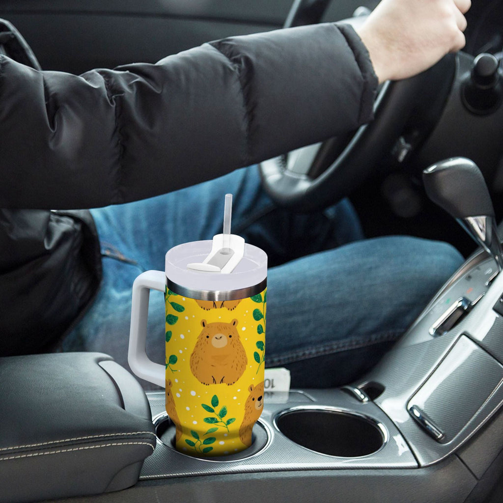 30 oz Insulated Stainless Steel Tumbler Double Wall Stainless Steel Tumbler with 2-Way Drinking Capybara and Green Leaves M658G