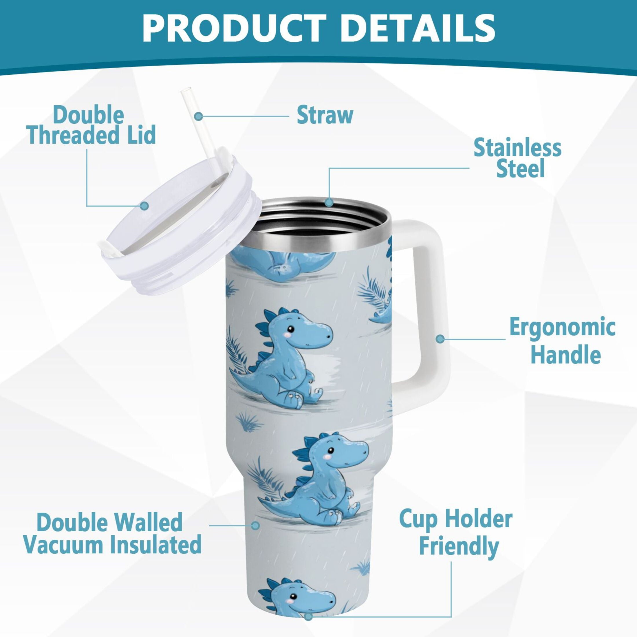 30 oz Insulated Stainless Steel Tumbler Double Wall Stainless Steel Tumbler with 2-Way Drinking Cartoon Blue Dinosaurs M495M