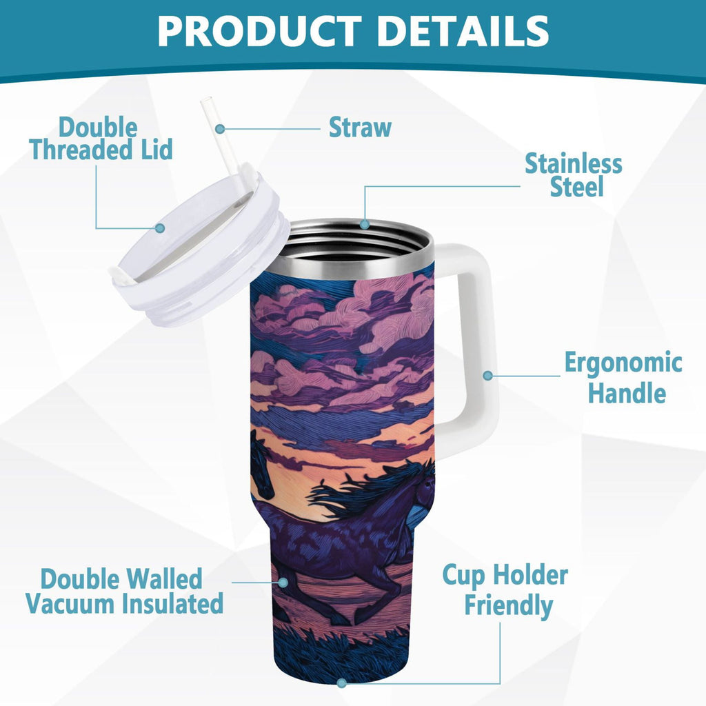 40 oz Insulated Stainless Steel Tumbler Double Wall Stainless Steel Tumbler with 2-Way Drinking Wild Horses Running M506A