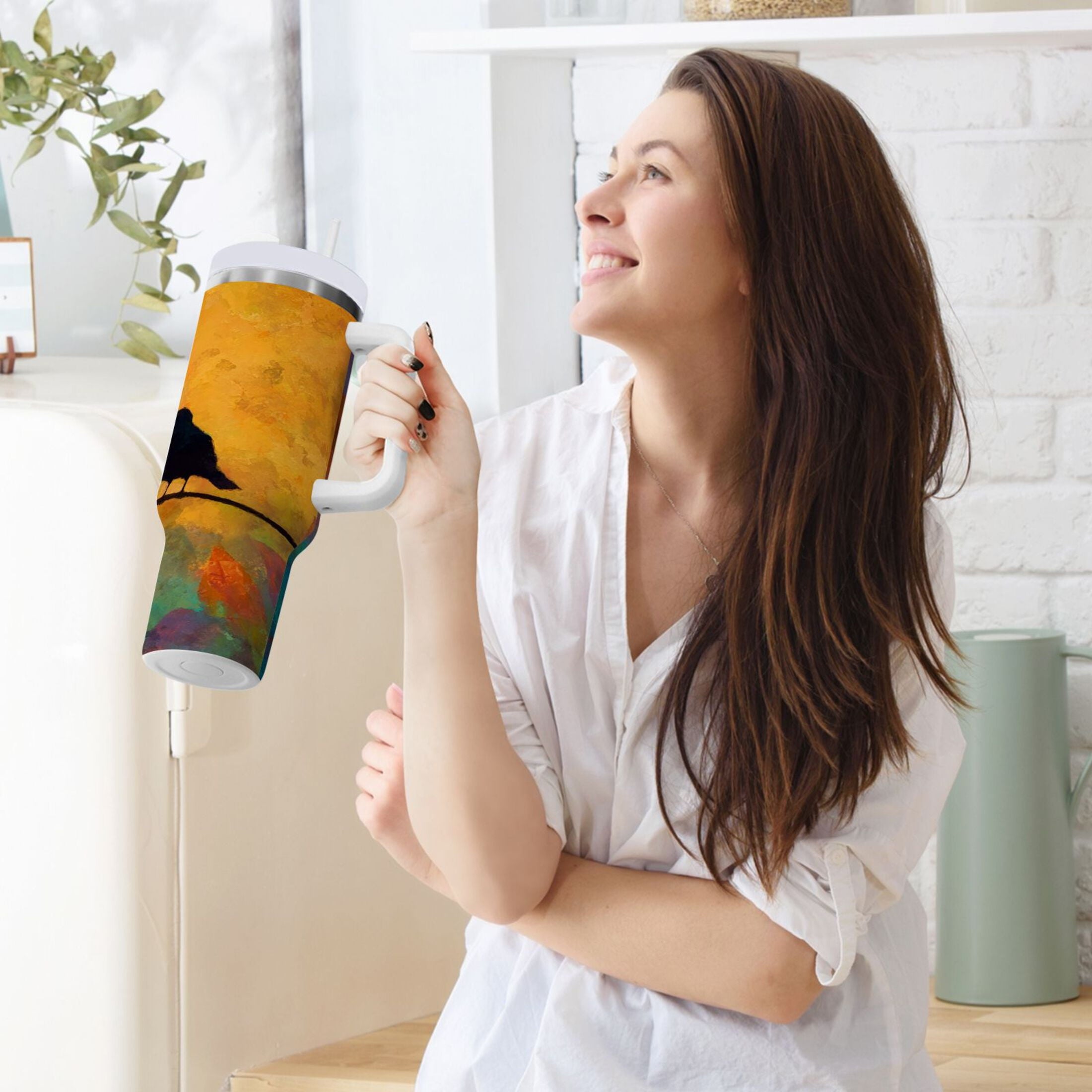 30 oz Insulated Stainless Steel Tumbler Double Wall Stainless Steel Tumbler with 2-Way Drinking Birds on A Wire M613K