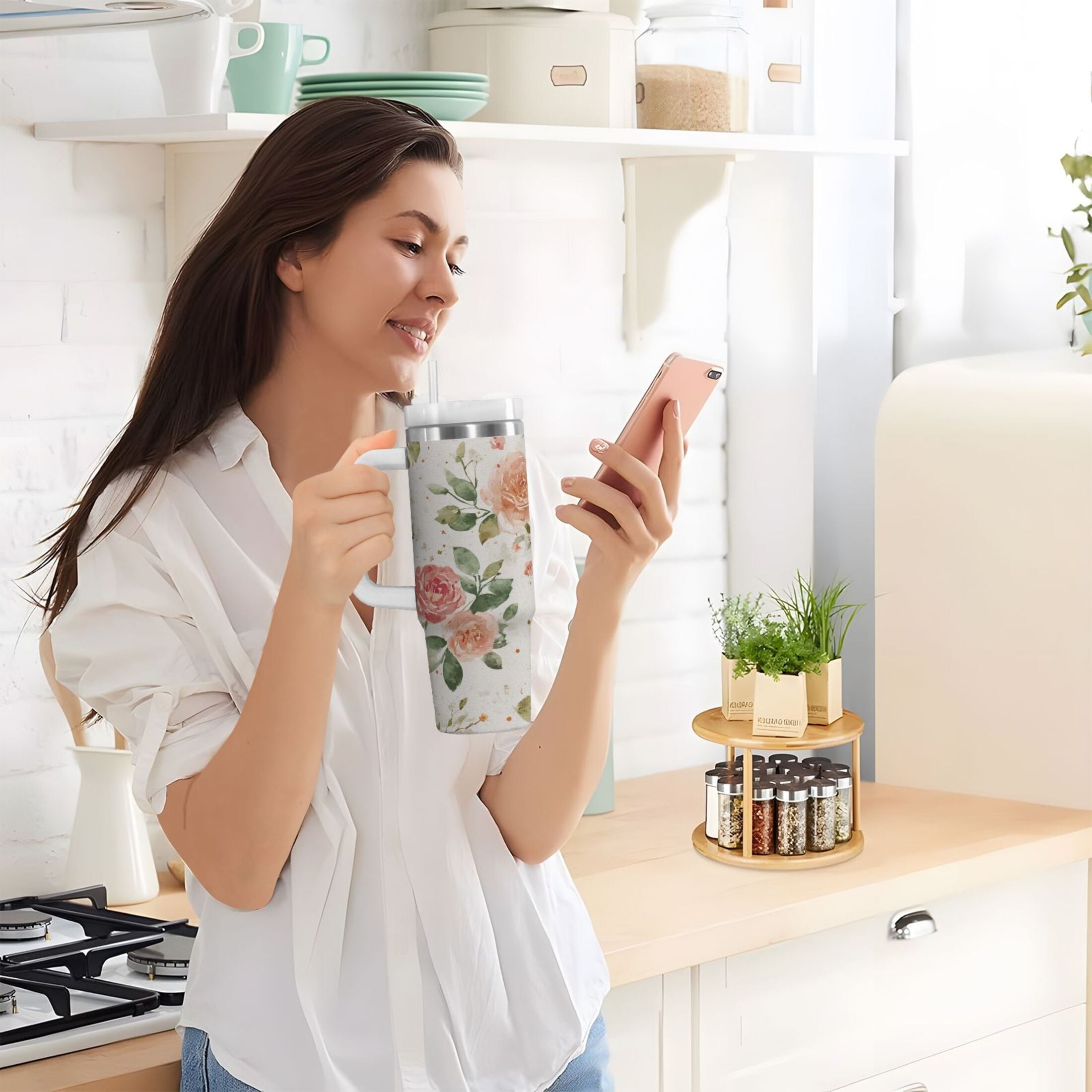 40 oz Insulated Stainless Steel Tumbler Double Wall Stainless Steel Tumbler with 2-Way Drinking Watercolor Rose Floral Pattern M499R
