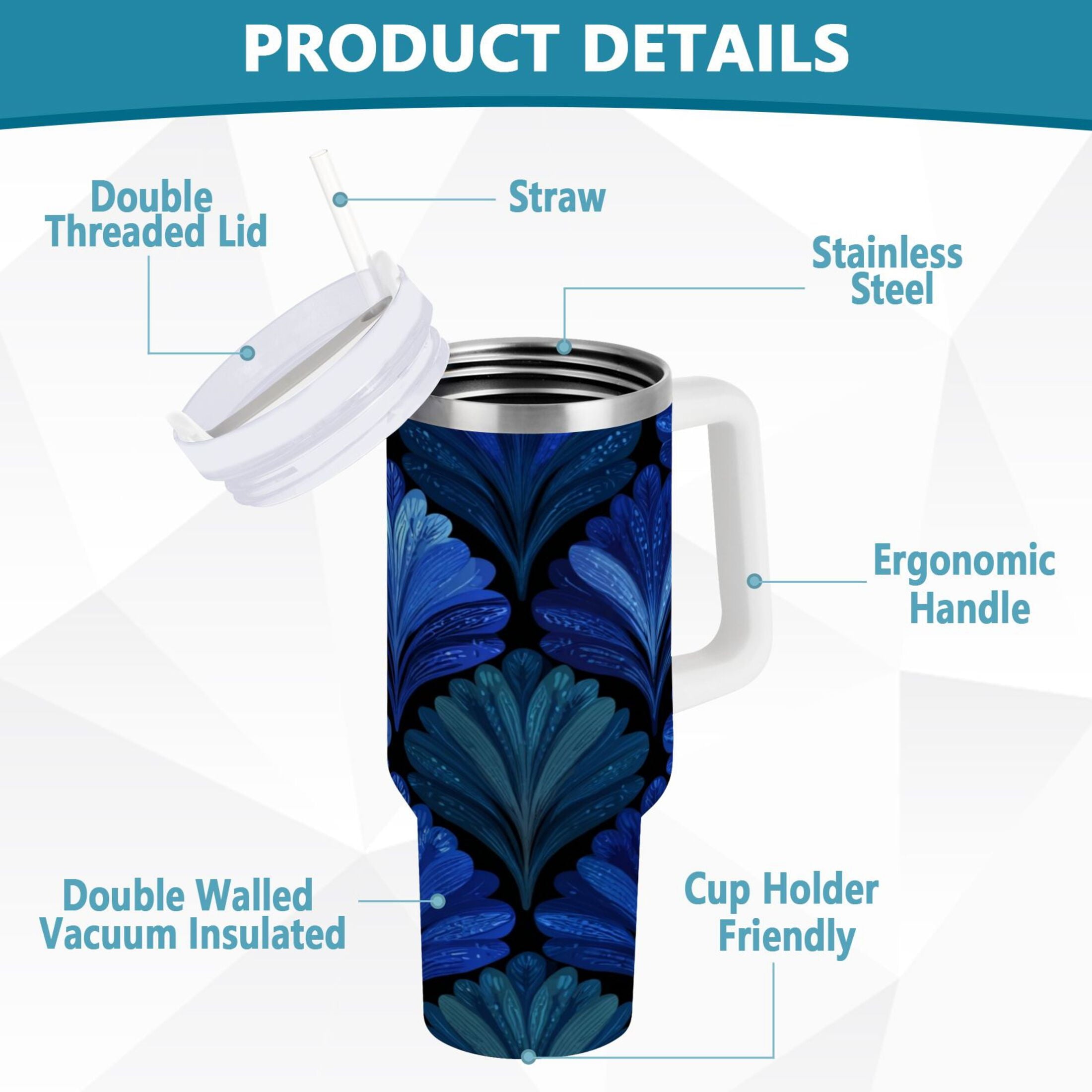 30 oz Insulated Stainless Steel Tumbler Double Wall Stainless Steel Tumbler with 2-Way Drinking Blue Batik Leaves Pattern M525M