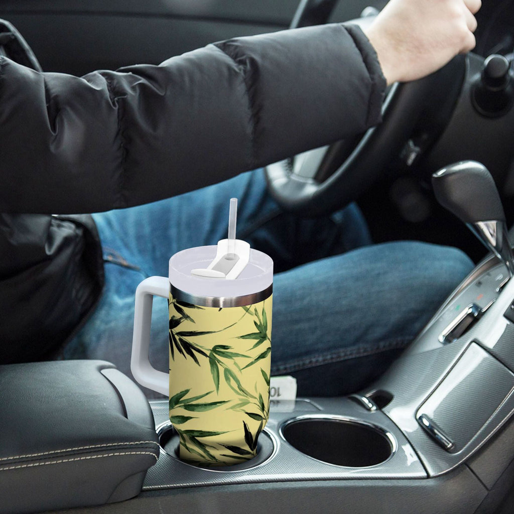 30 oz Insulated Stainless Steel Tumbler Double Wall Stainless Steel Tumbler with 2-Way Drinking Bamboo and Green Leaves M633V