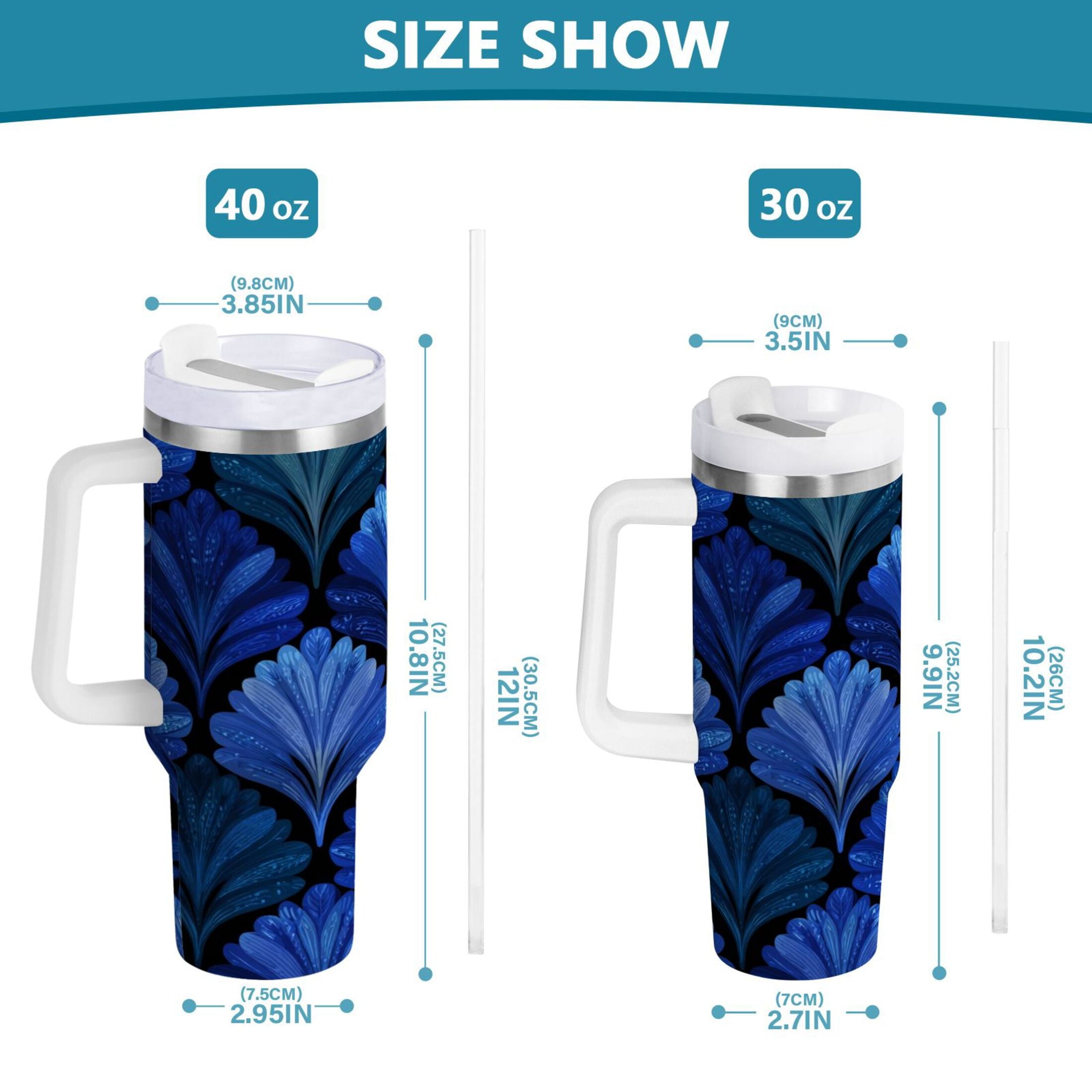 30 oz Insulated Stainless Steel Tumbler Double Wall Stainless Steel Tumbler with 2-Way Drinking Blue Batik Leaves Pattern M525M