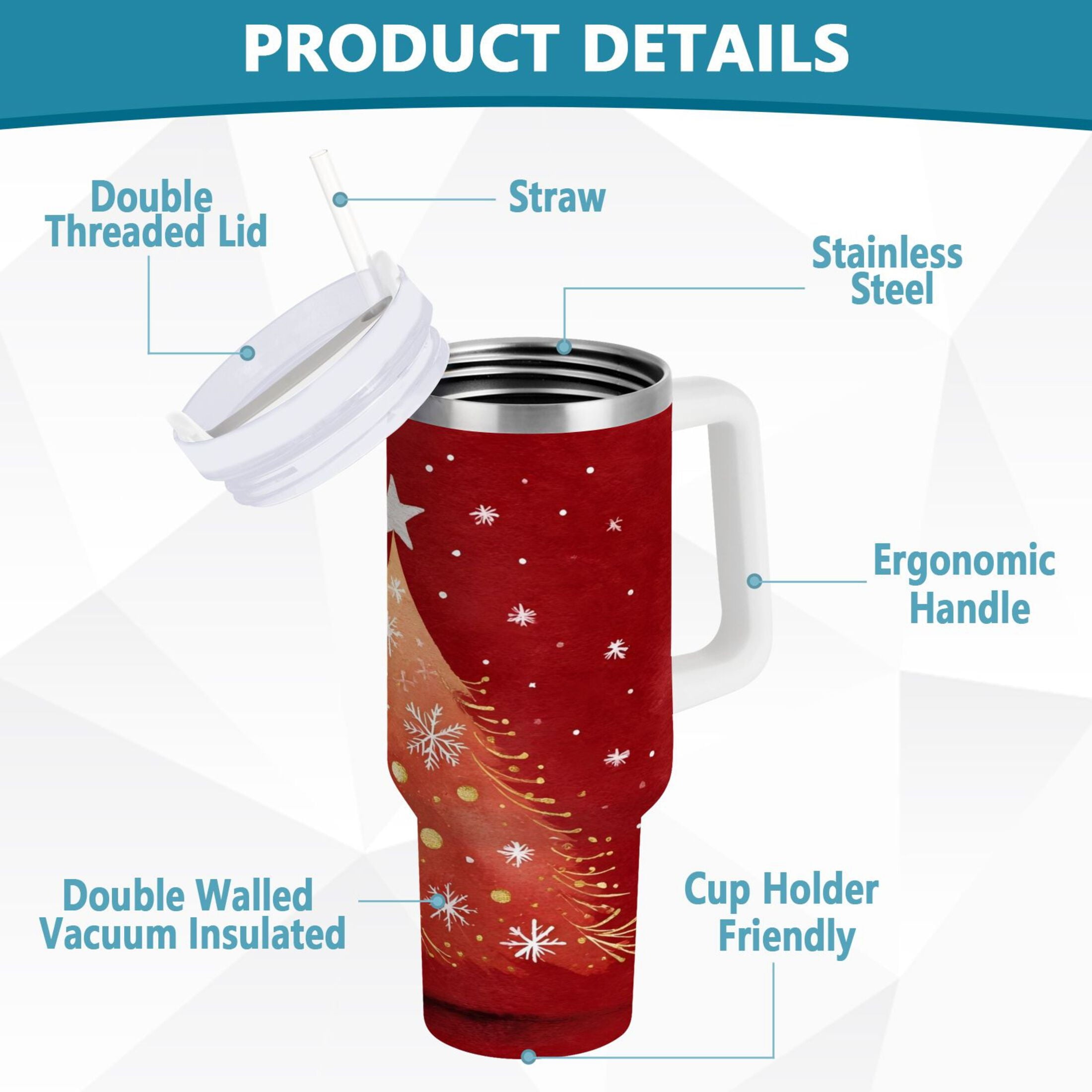 40 oz Insulated Stainless Steel Tumbler Double Wall Stainless Steel Tumbler with 2-Way Drinking Red Christmas Tree M662J