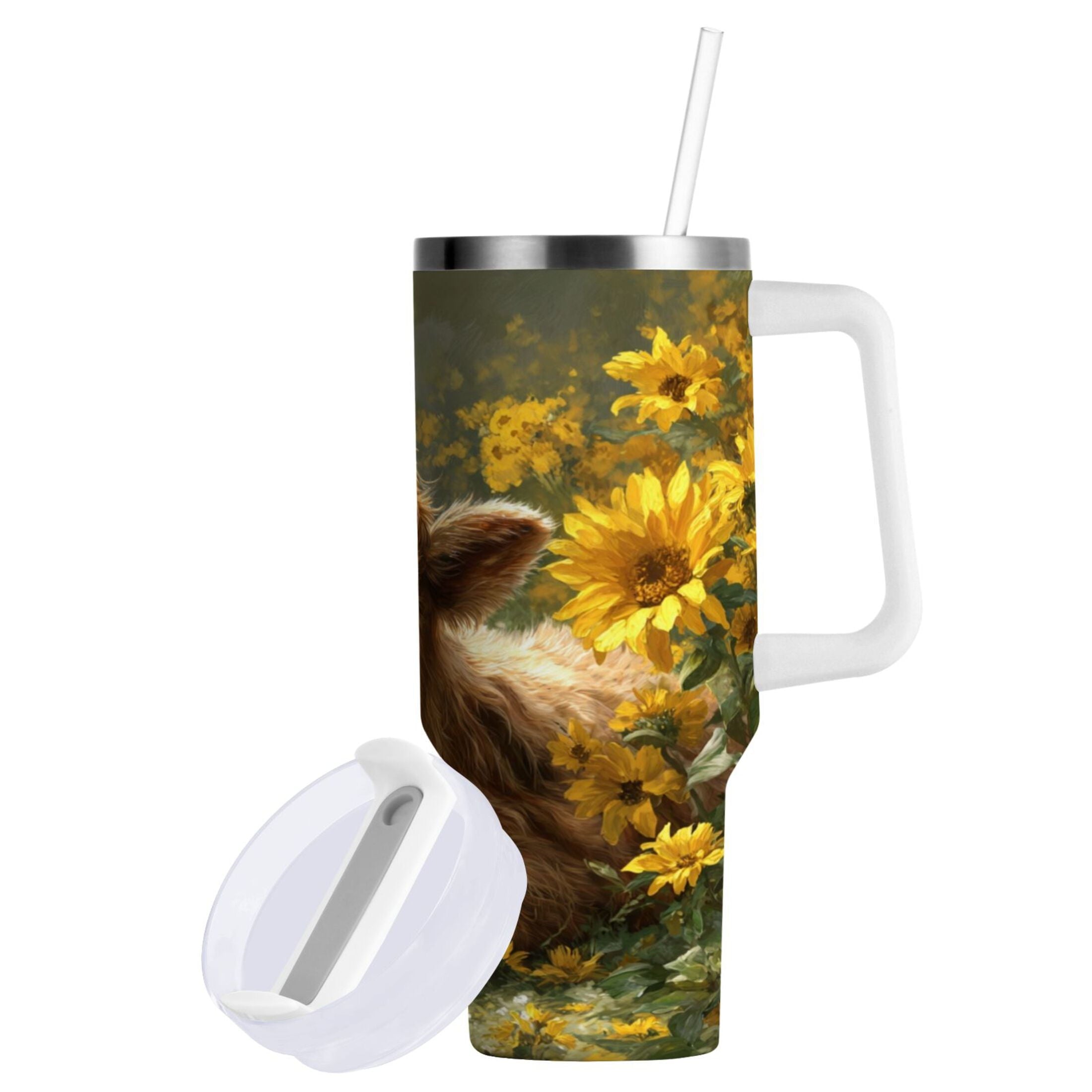 40 oz Insulated Stainless Steel Tumbler Double Wall Stainless Steel Tumbler with 2-Way Drinking Cow Lying in Sunflowers M665W