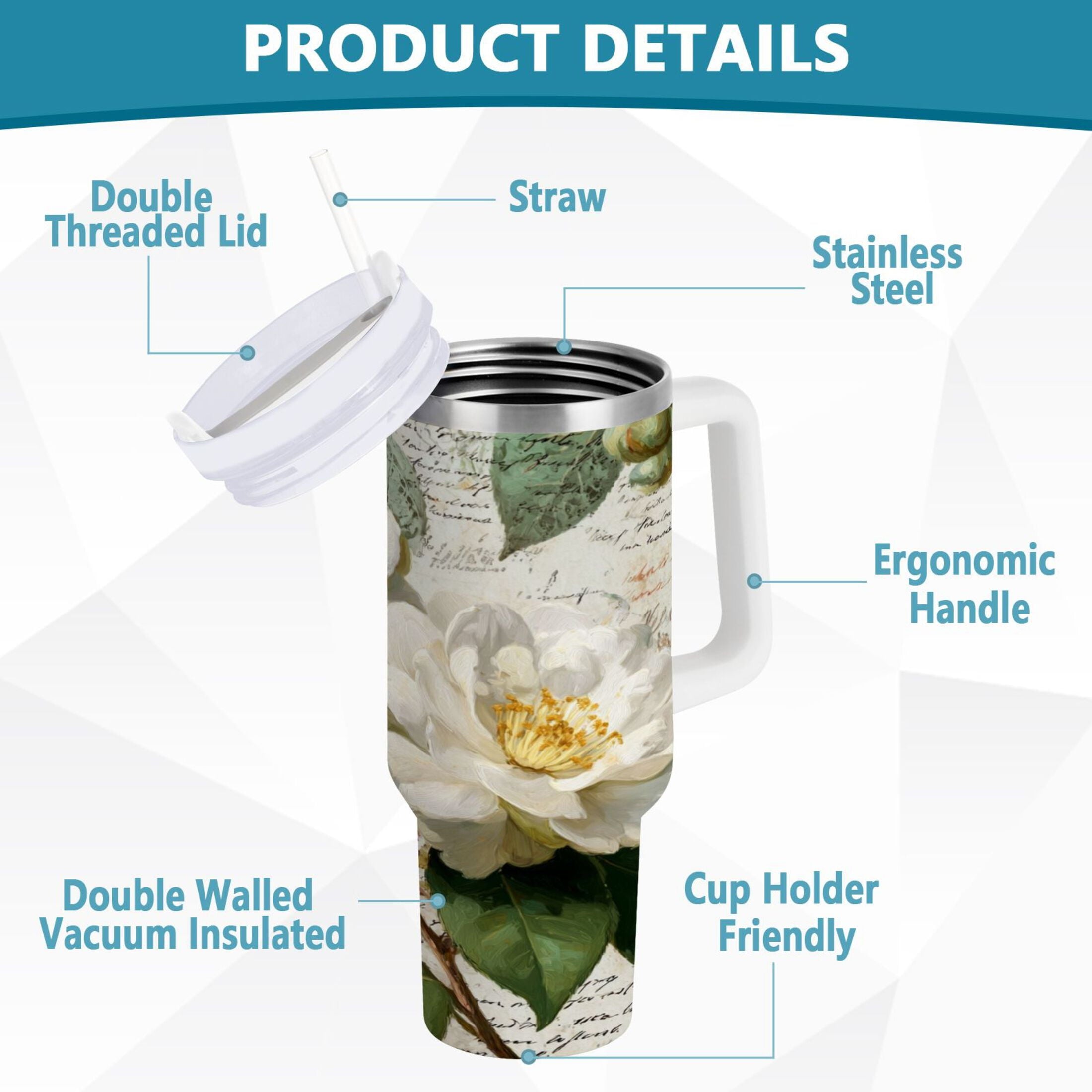 40 oz Insulated Stainless Steel Tumbler Double Wall Stainless Steel Tumbler with 2-Way Drinking Vintage White Camellias M622C