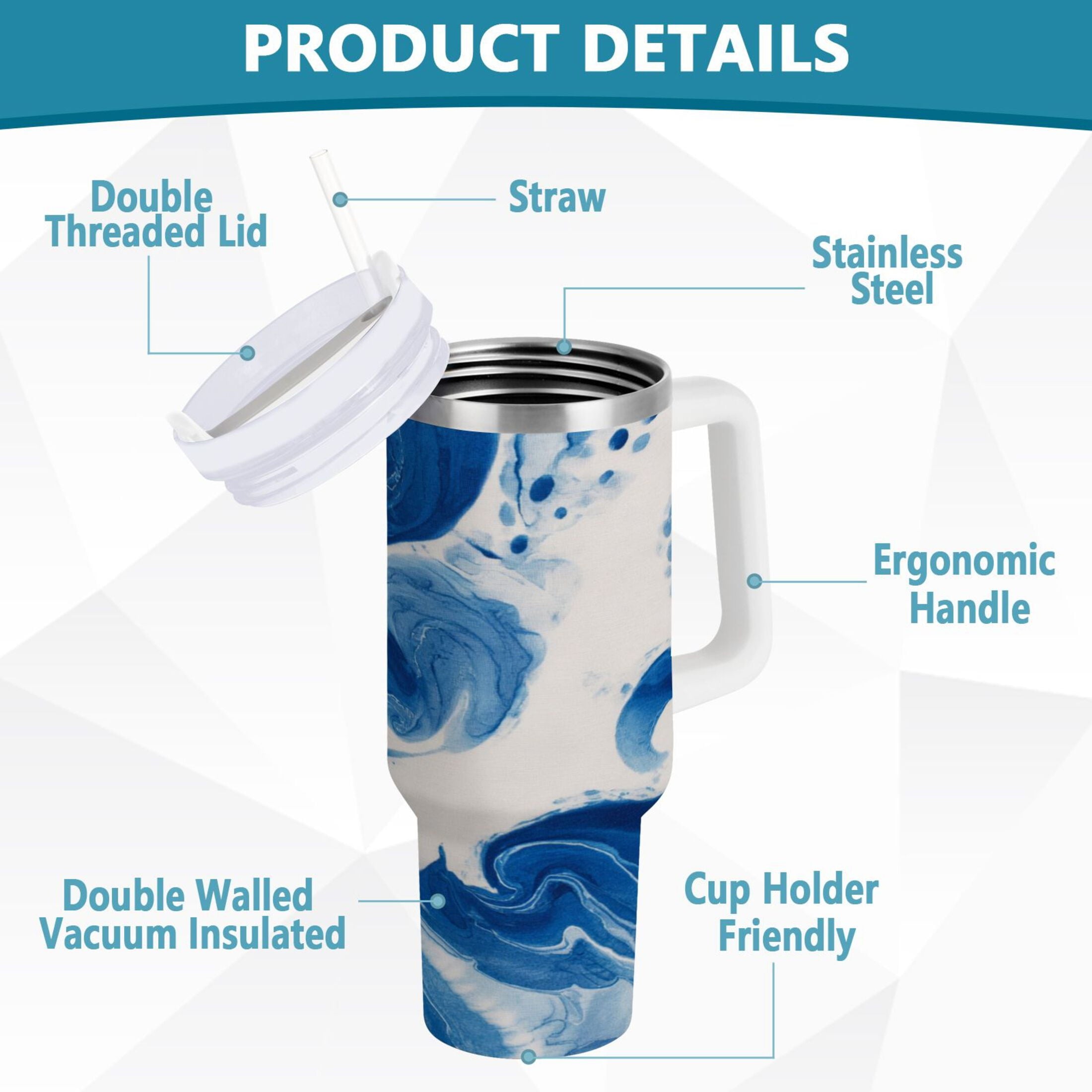 40 oz Insulated Stainless Steel Tumbler Double Wall Stainless Steel Tumbler with 2-Way Drinking Indigo Blue Tie-dye Pattern M632A
