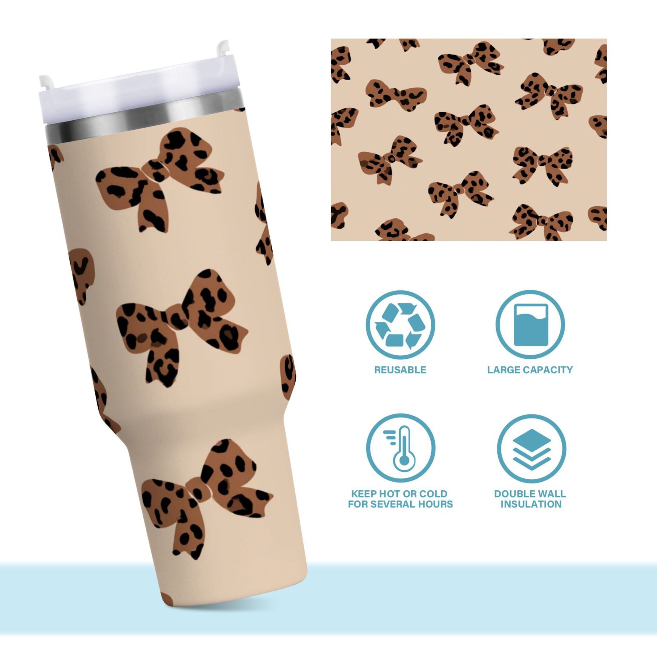 30 oz Insulated Stainless Steel Tumbler Double Wall Stainless Steel Tumbler with 2-Way Drinking Cute Brown Bow M528J