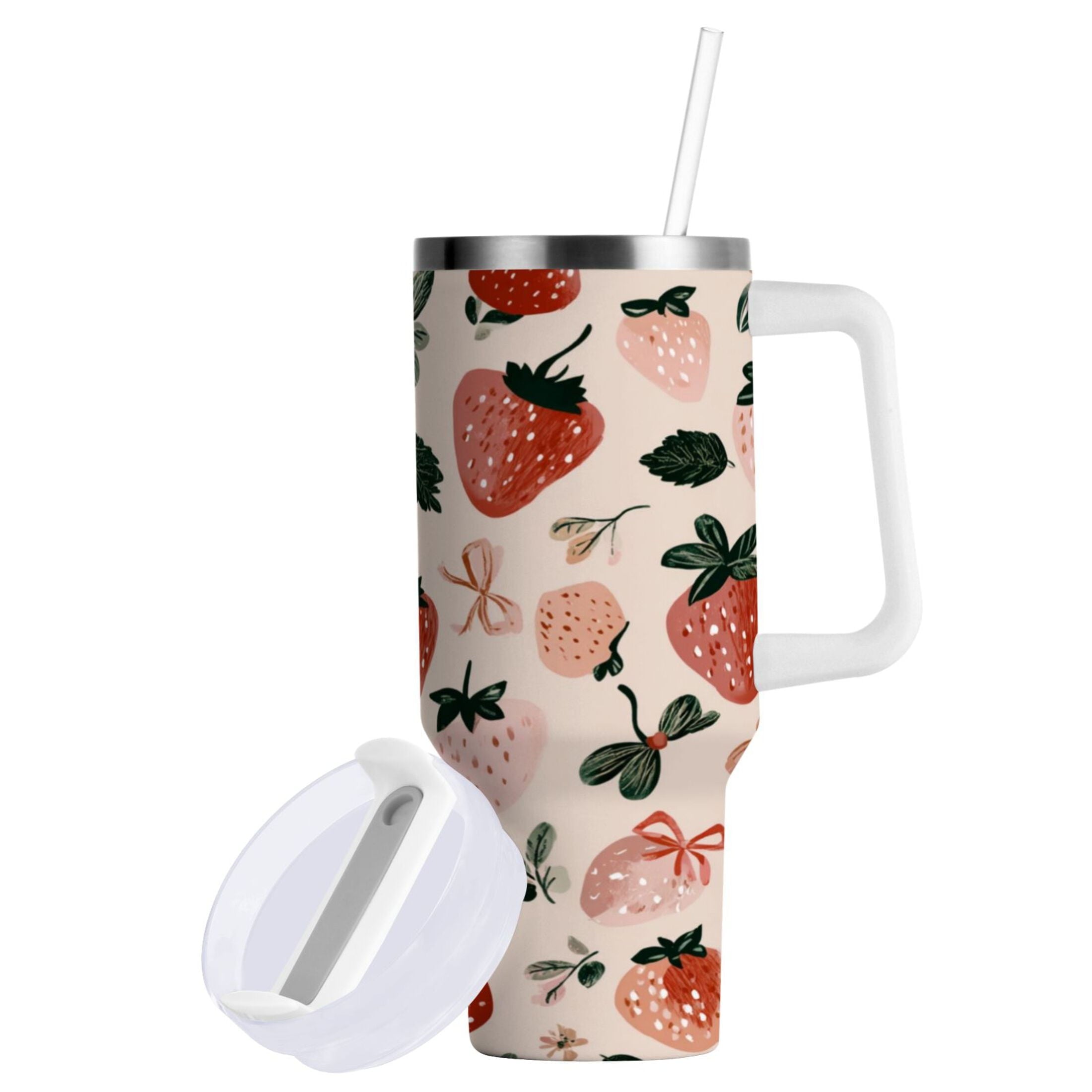 30 oz Insulated Stainless Steel Tumbler Double Wall Stainless Steel Tumbler with 2-Way Drinking Cute Pinks Strawberries M596G